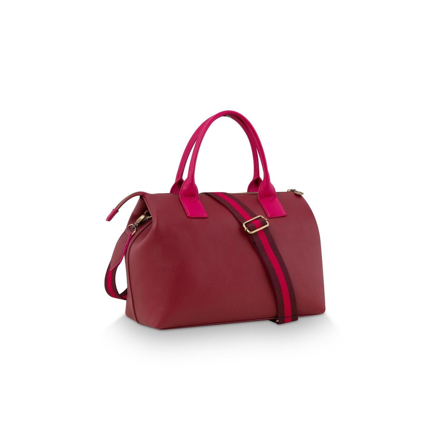 Handtasche L bordeauxfarben mit pinken Henkeln und Umhängegurt