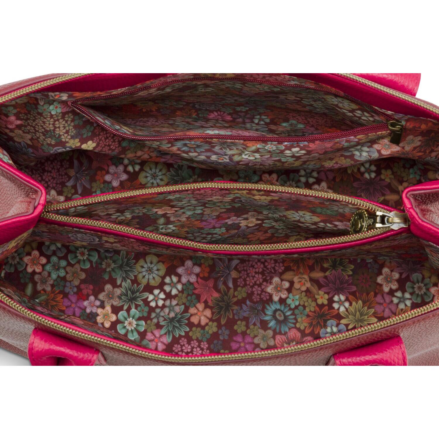 Handtasche L geöffnet: Innenfutter mit Blumenmuster, zwei Reißverschlussfächer
