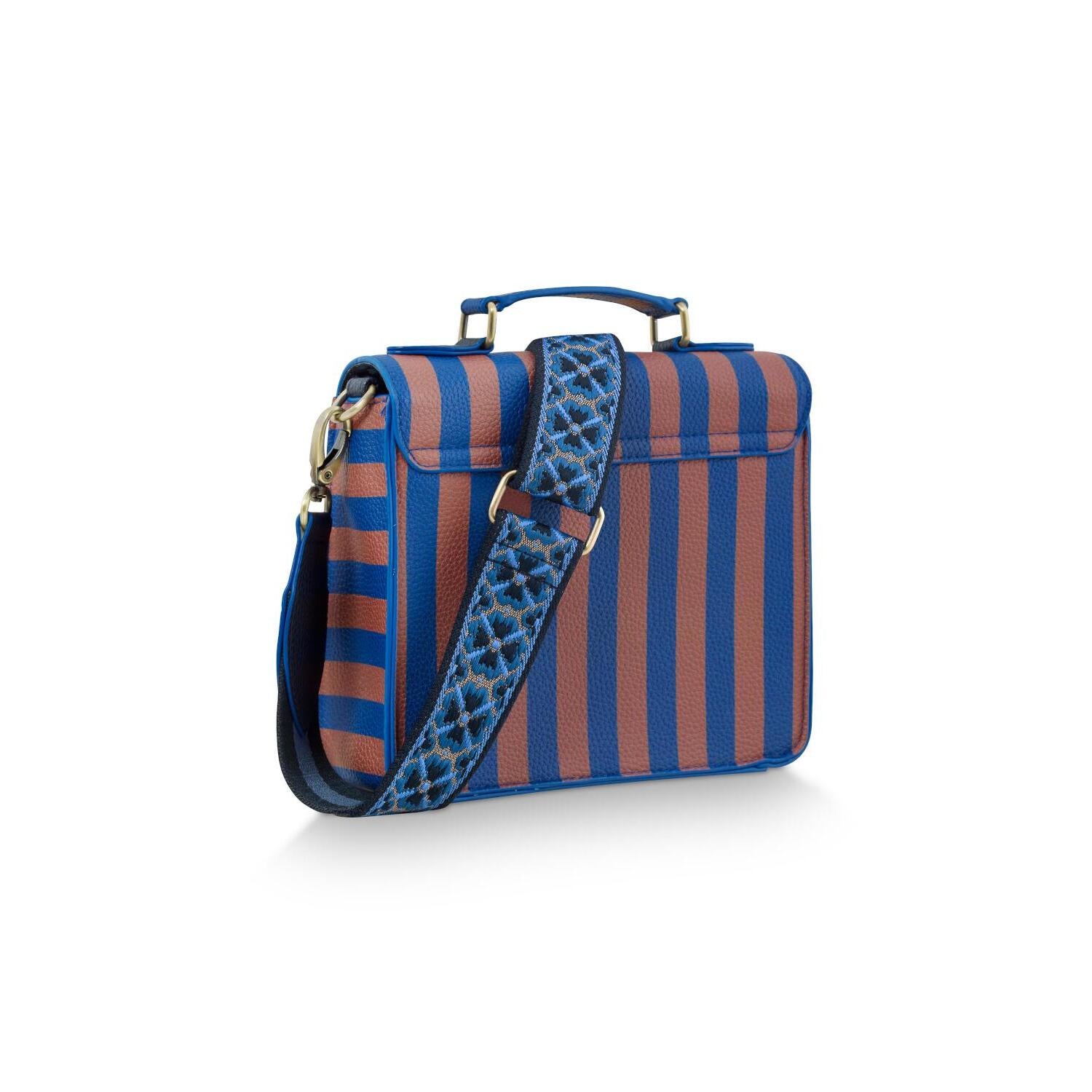 Umhängetasche „Frances“ seitlich, blau-orange Streifen und schmaler Riemen