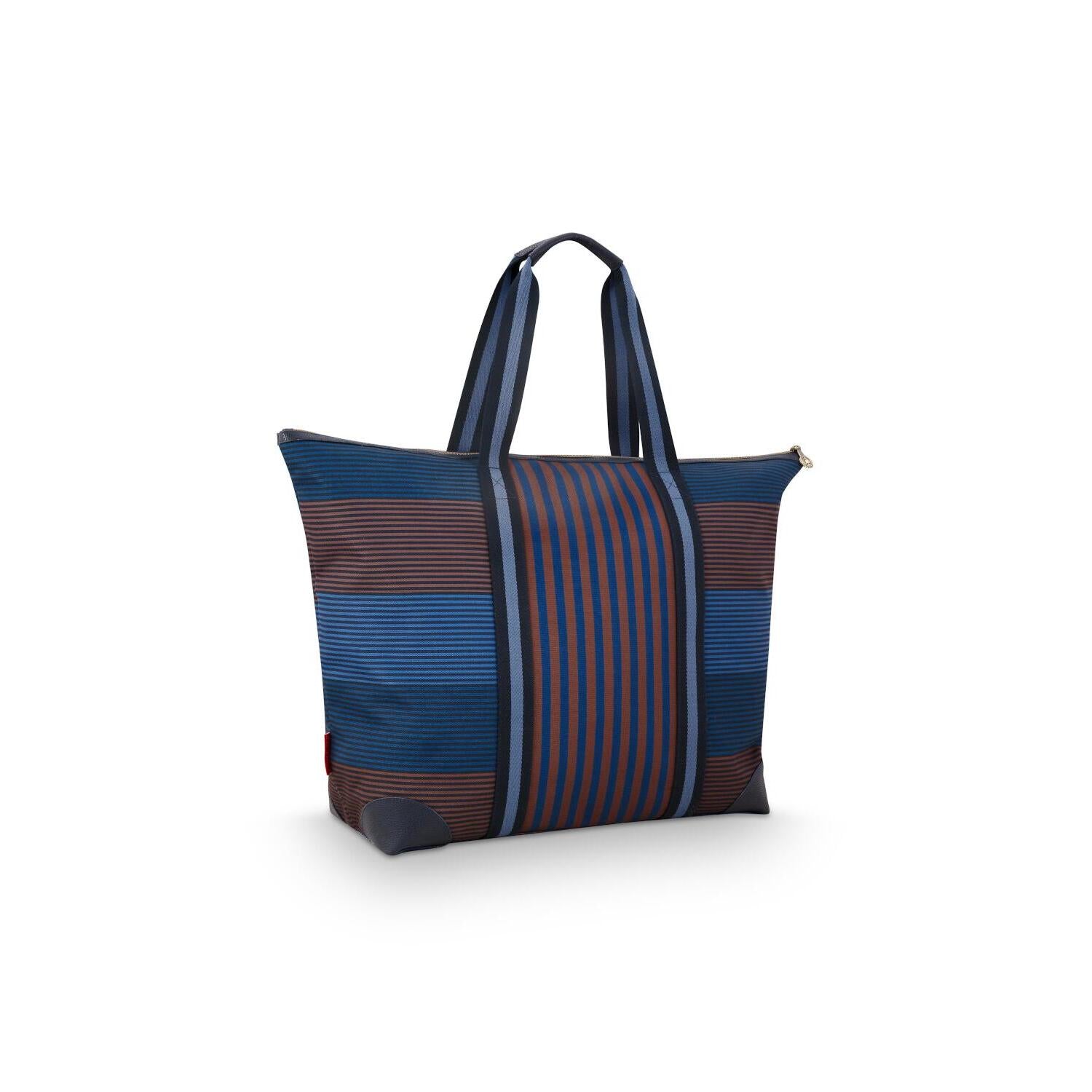 Tragetasche blau mit Streifenmuster, stehende Form, breite Tragegriffe