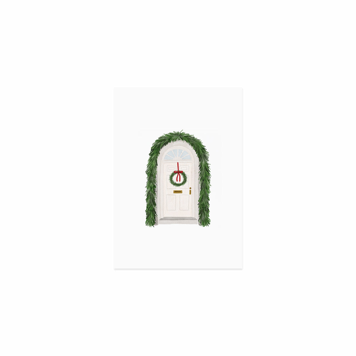 Aquarellkarte mit Türmotiv, grünem Tannenzweigen-Kranz und rotem Weihnachtsornament