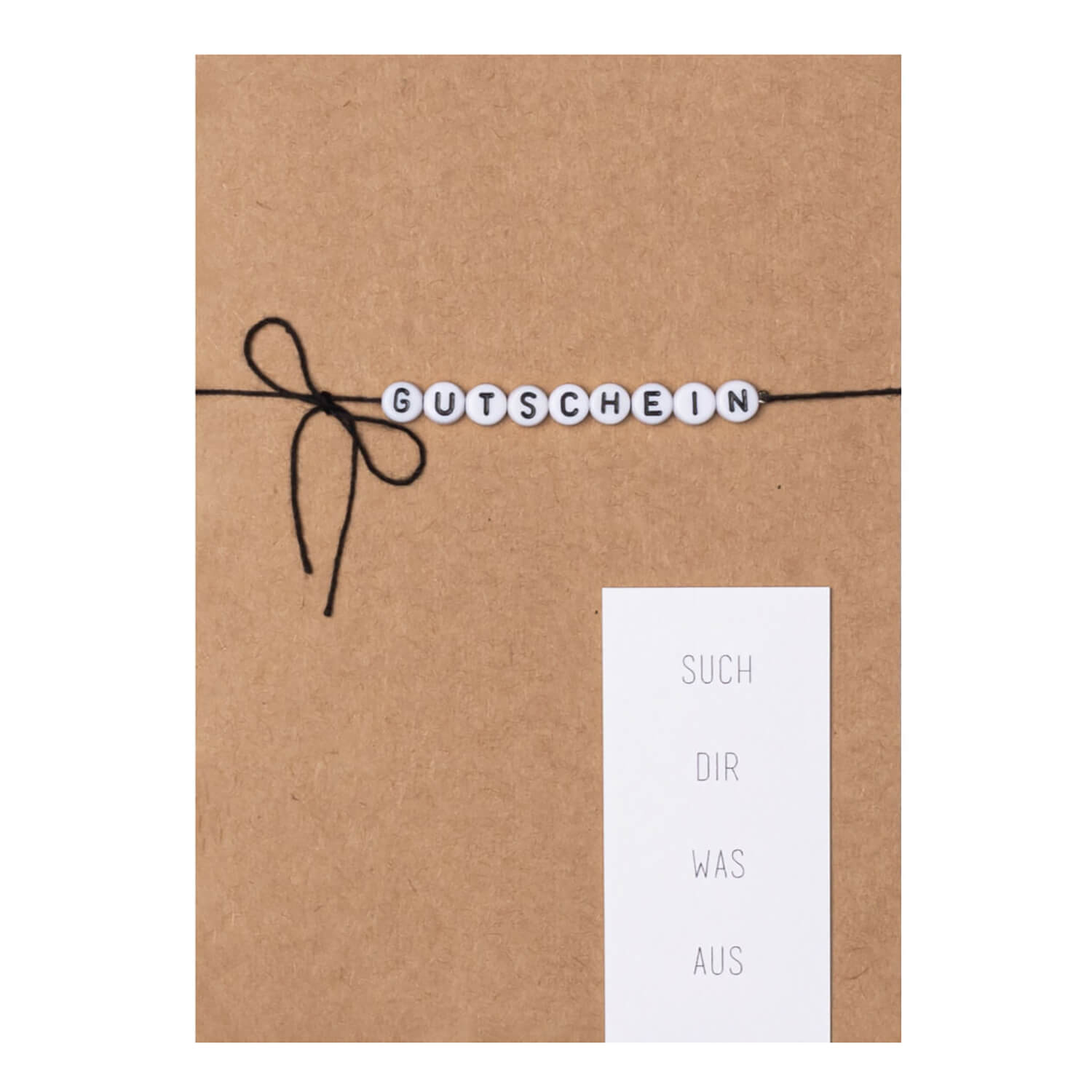 Buchstabenperlen-Karte "Gutschein" - 11,8x16,6 cm (Braun/Weiß)
