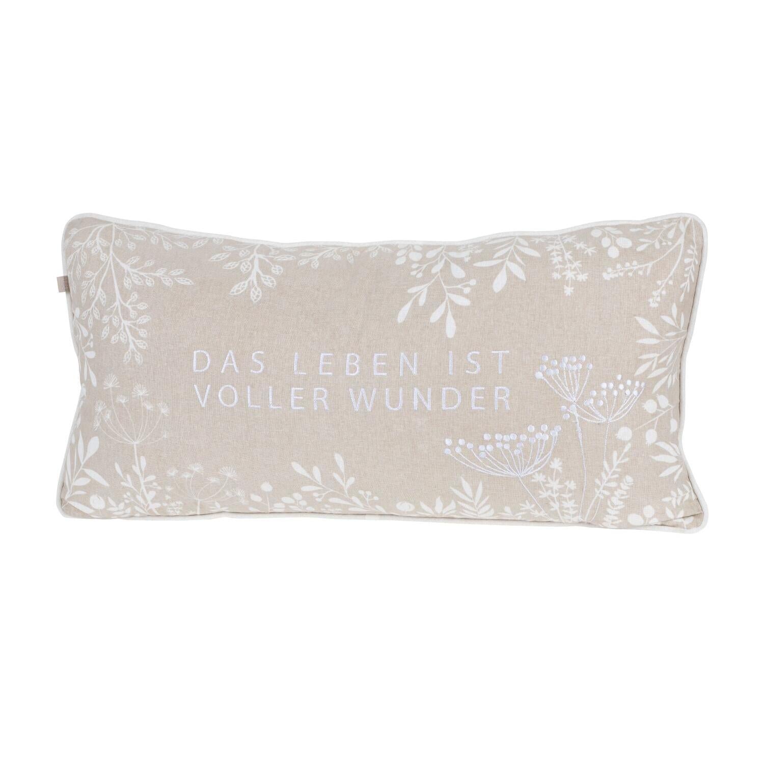 Rechteckiges Kissen (60x30 cm) in Weiß/Beige mit Pflanzenmotiv und Schriftzug