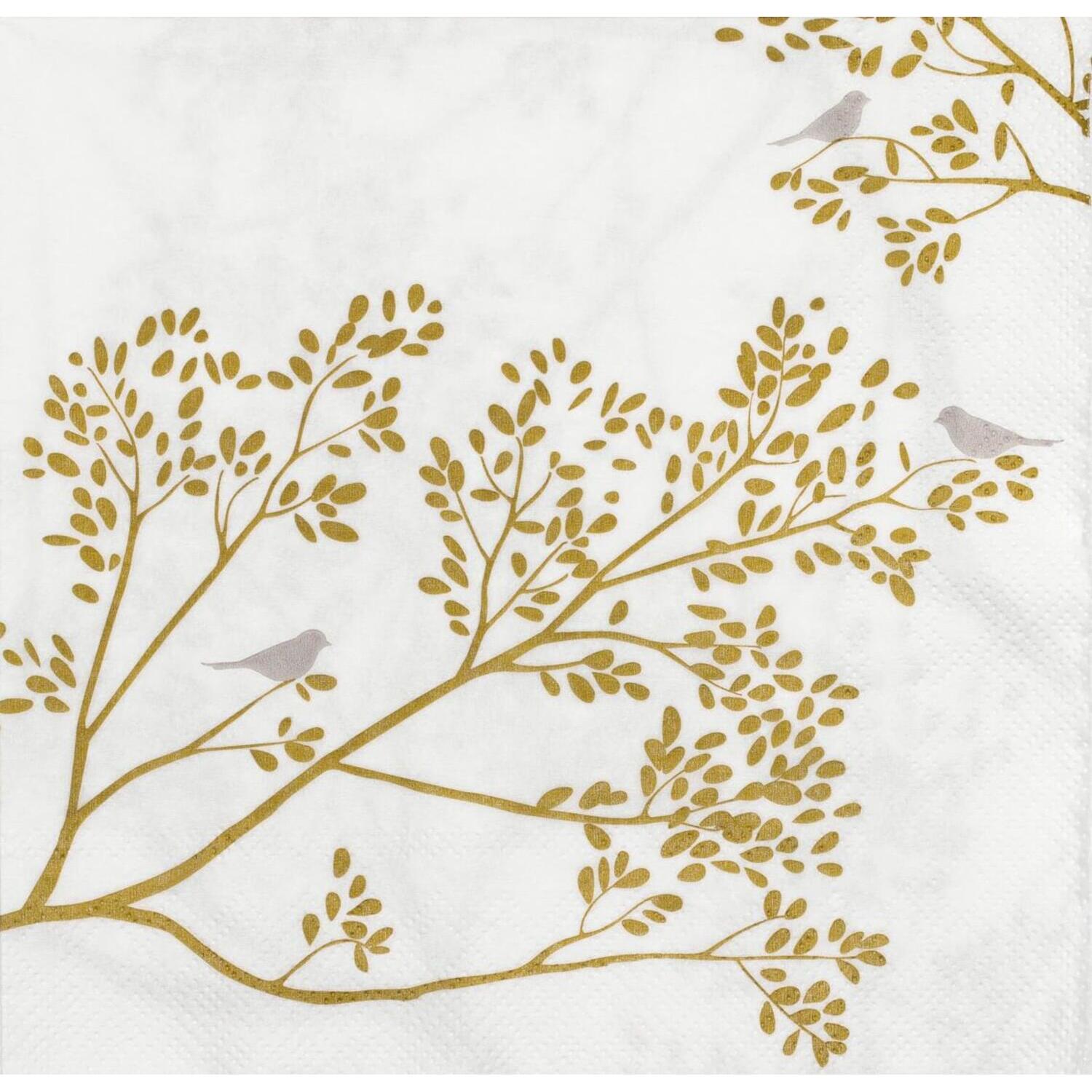 Papierservietten "Goldzweig - Goldvogel" - 33x33 cm (Weiß/Gold)