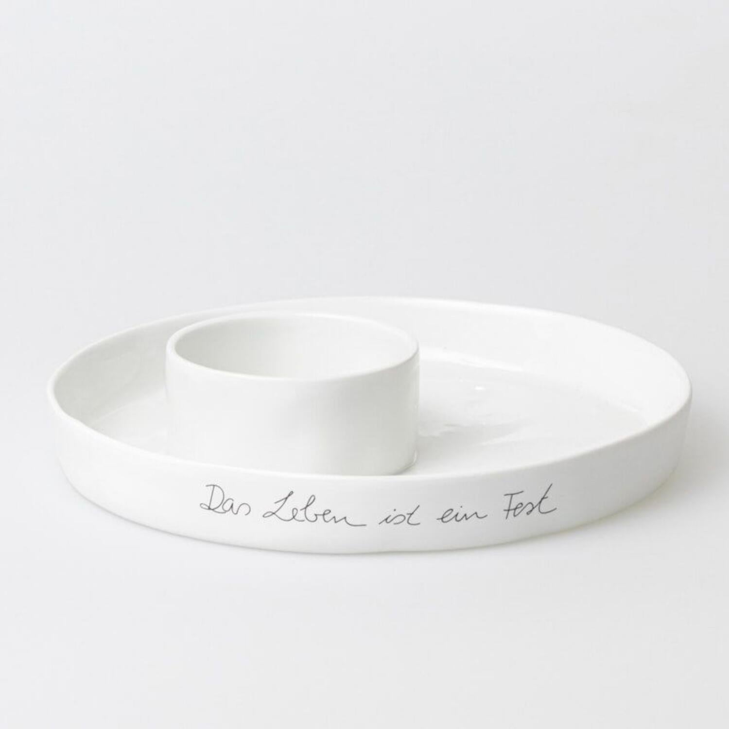 Schale "Mittelpunkt - Das Leben ist ein Fest" - 25x5 cm (Weiß)