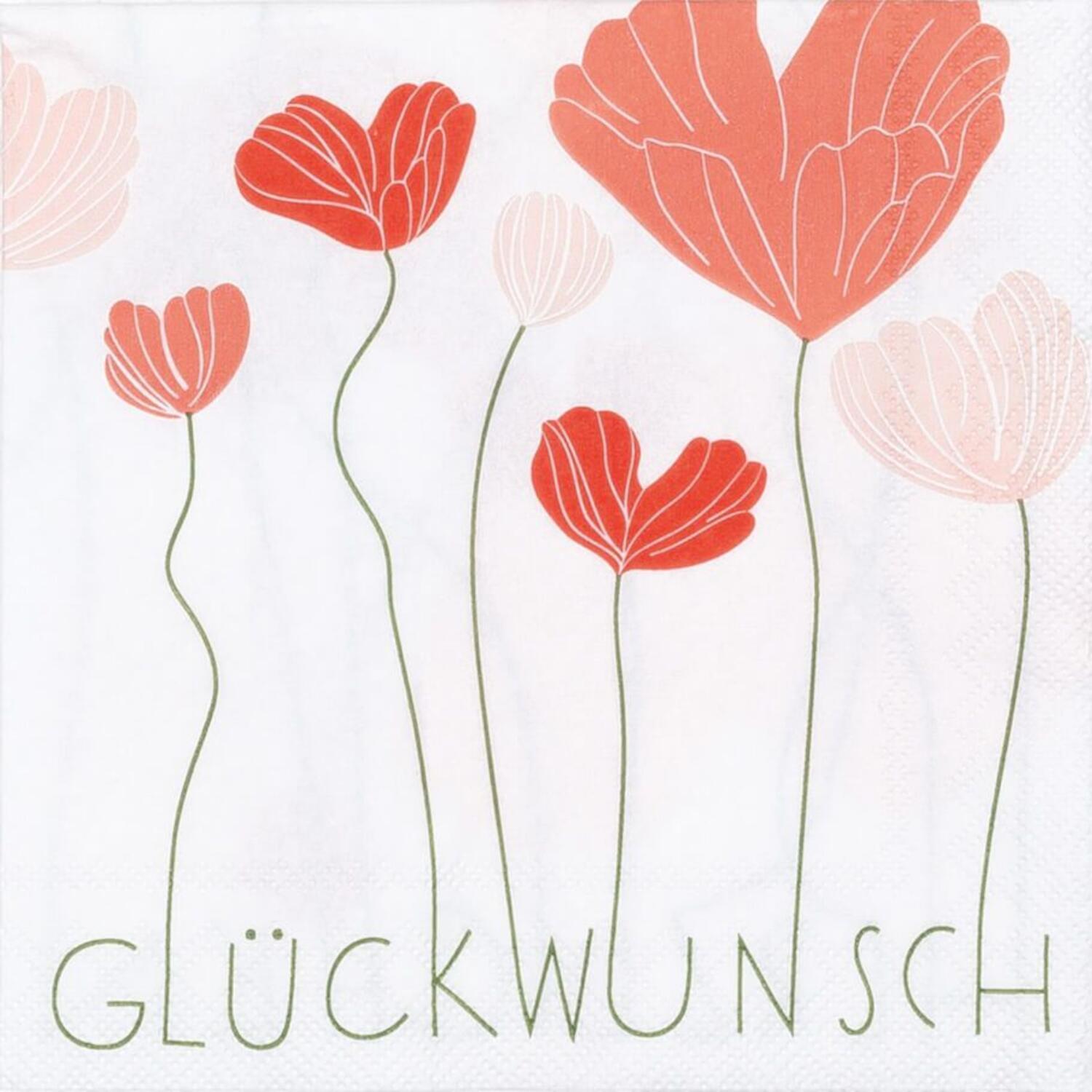 Cocktailservietten "Herzblüten - Glückwunsch" - 25x25 cm (Weiß/Rot)