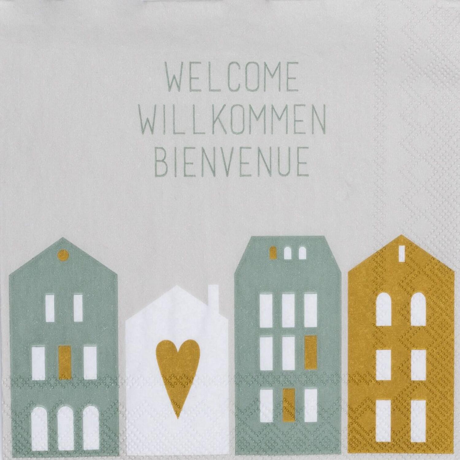 Cocktailservietten "Welcome Willkommen Bienvenue" - 25x25 cm (Grau)
