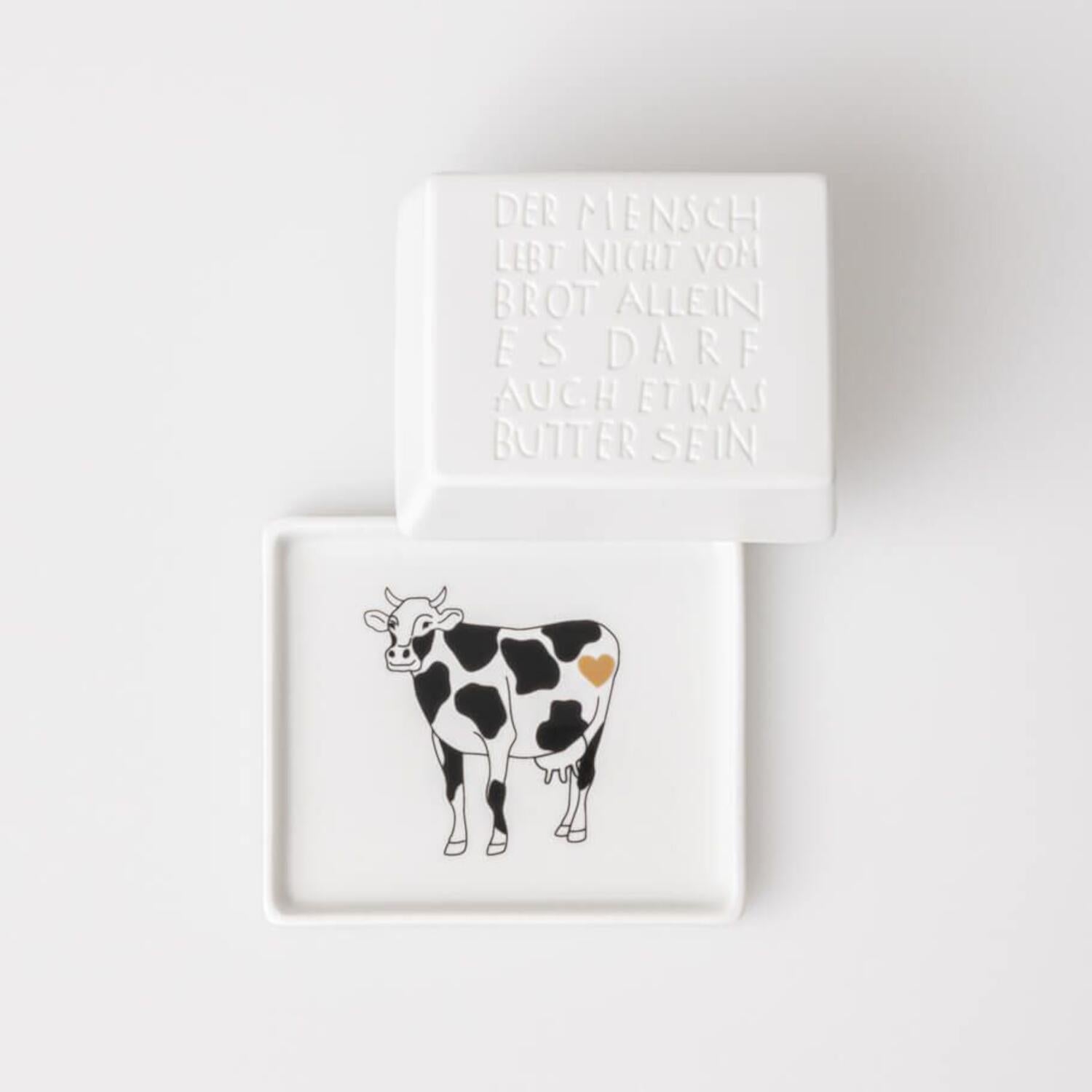 Butterdose "Der Mensch lebt nicht..." - 11x9,5x5,5 cm (Weiß)