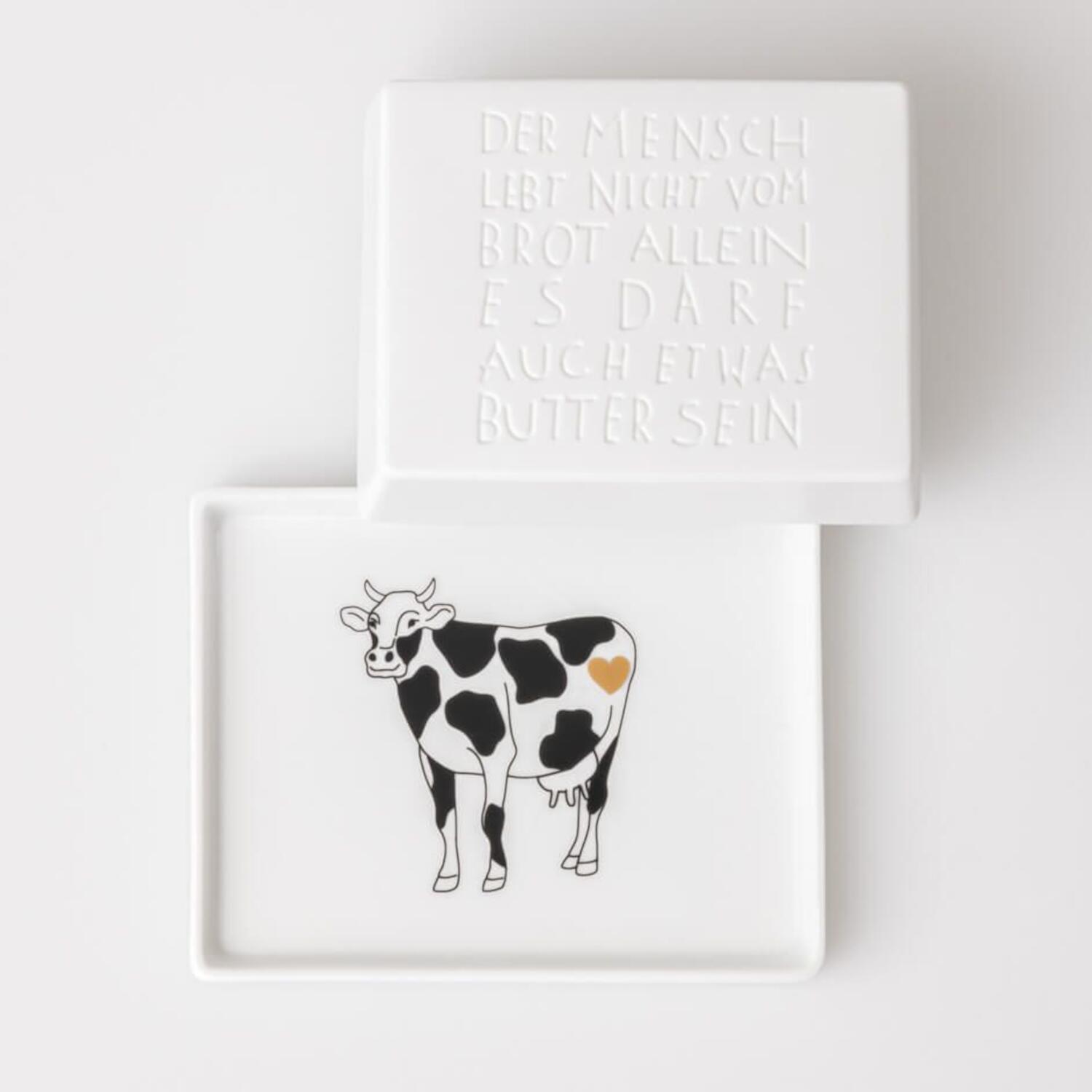 Butterdose "Der Mensch lebt nicht..." - 14,5x11,5x5,5 cm (Weiß)