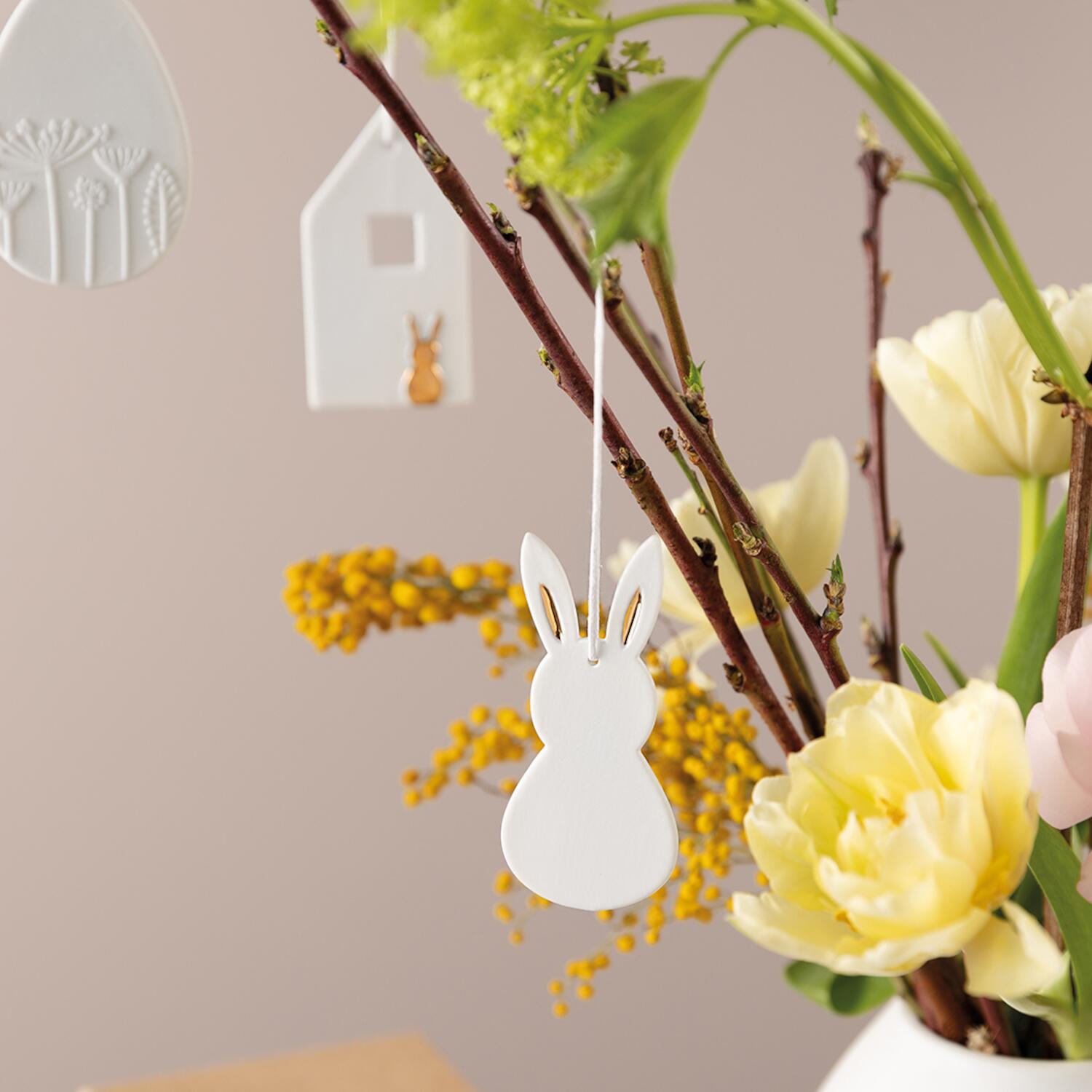 Porzellanhänger "Hase" - 8x3,5 cm (Weiß/Gold)