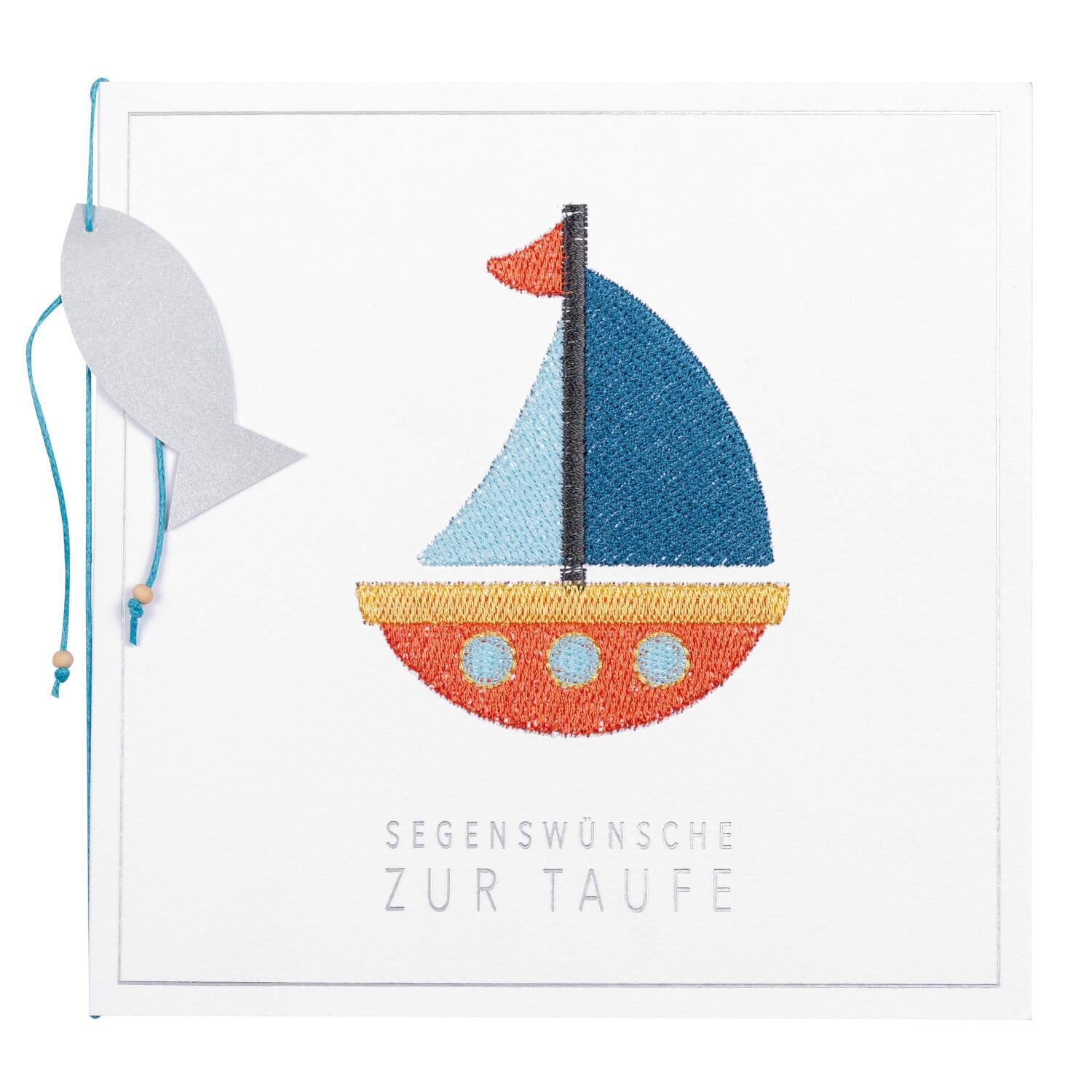 XL-Strickkarte "Segenswünsche zur Taufe" (Weiß/Blau)