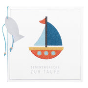 XL-Strickkarte "Segenswünsche zur Taufe" (Weiß/Blau)