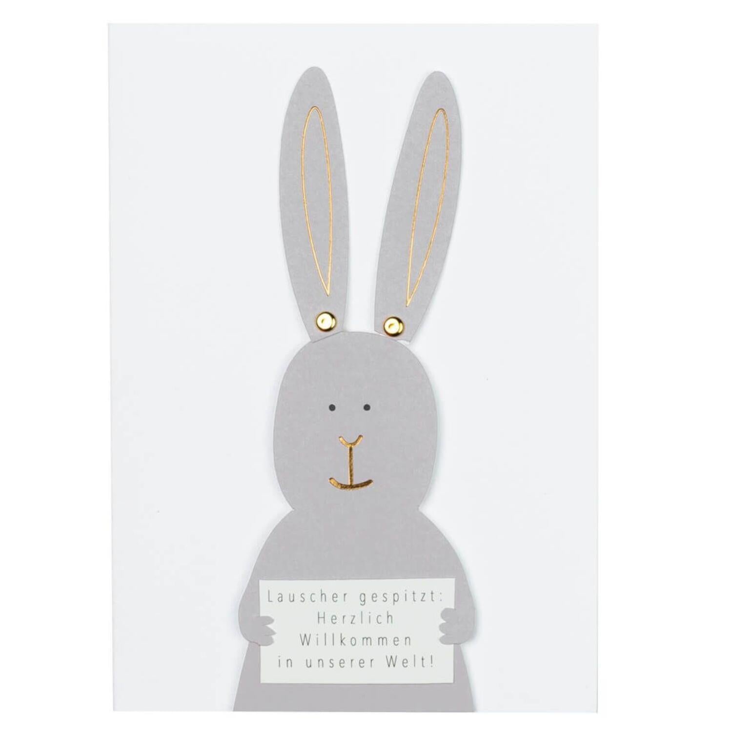 Tierische Babykarte "Hase - Herzlich Willkommen" - 18x12,5 cm (Weiß)