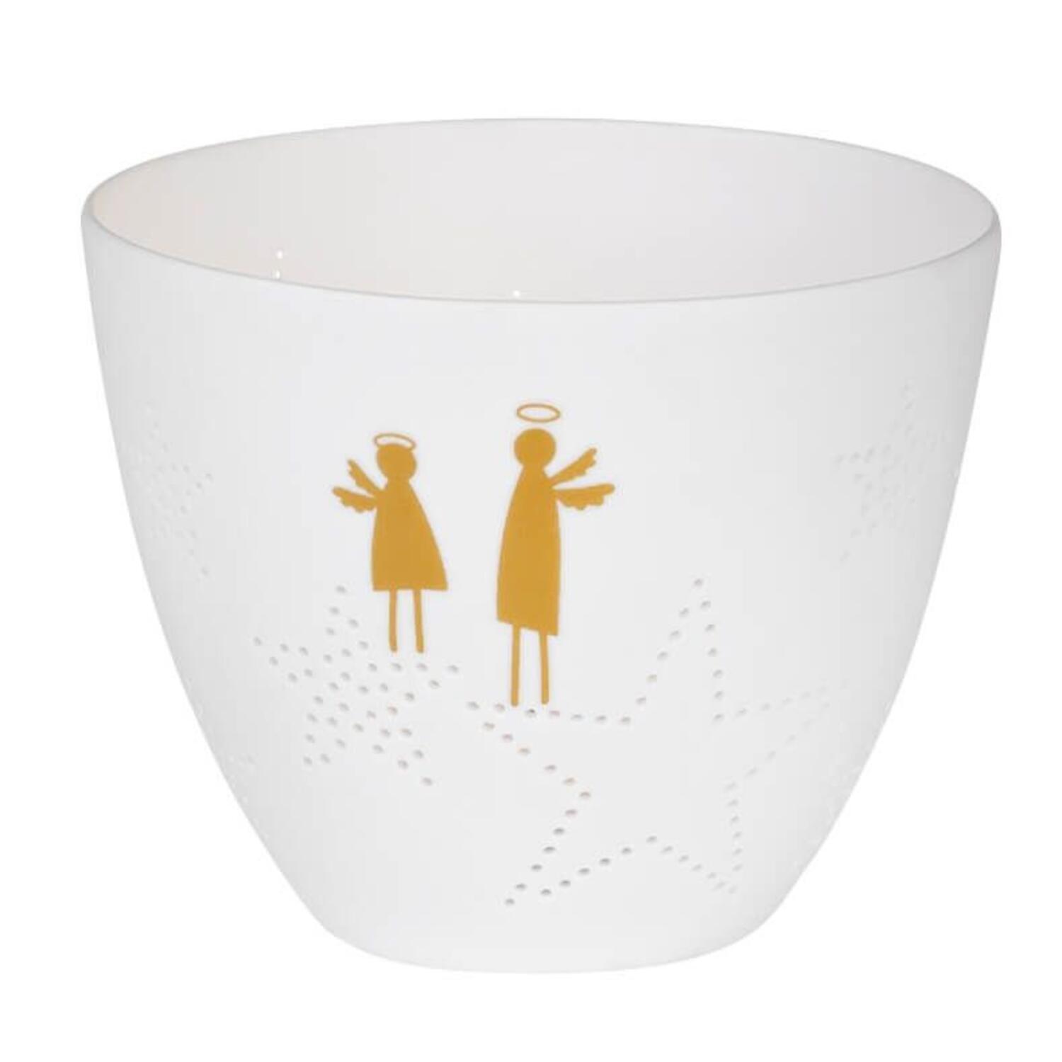 Weiße Teelichtschale mit goldenen Engelmotiven, rund
