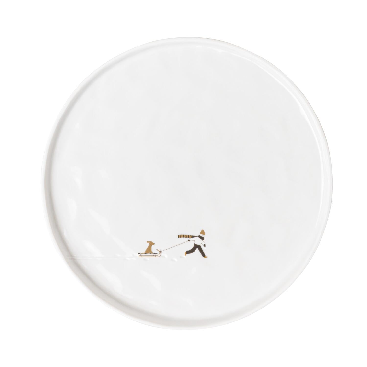 Teller "Schneetag - Hundeschlitten" - 22 cm (Weiß/Gold)