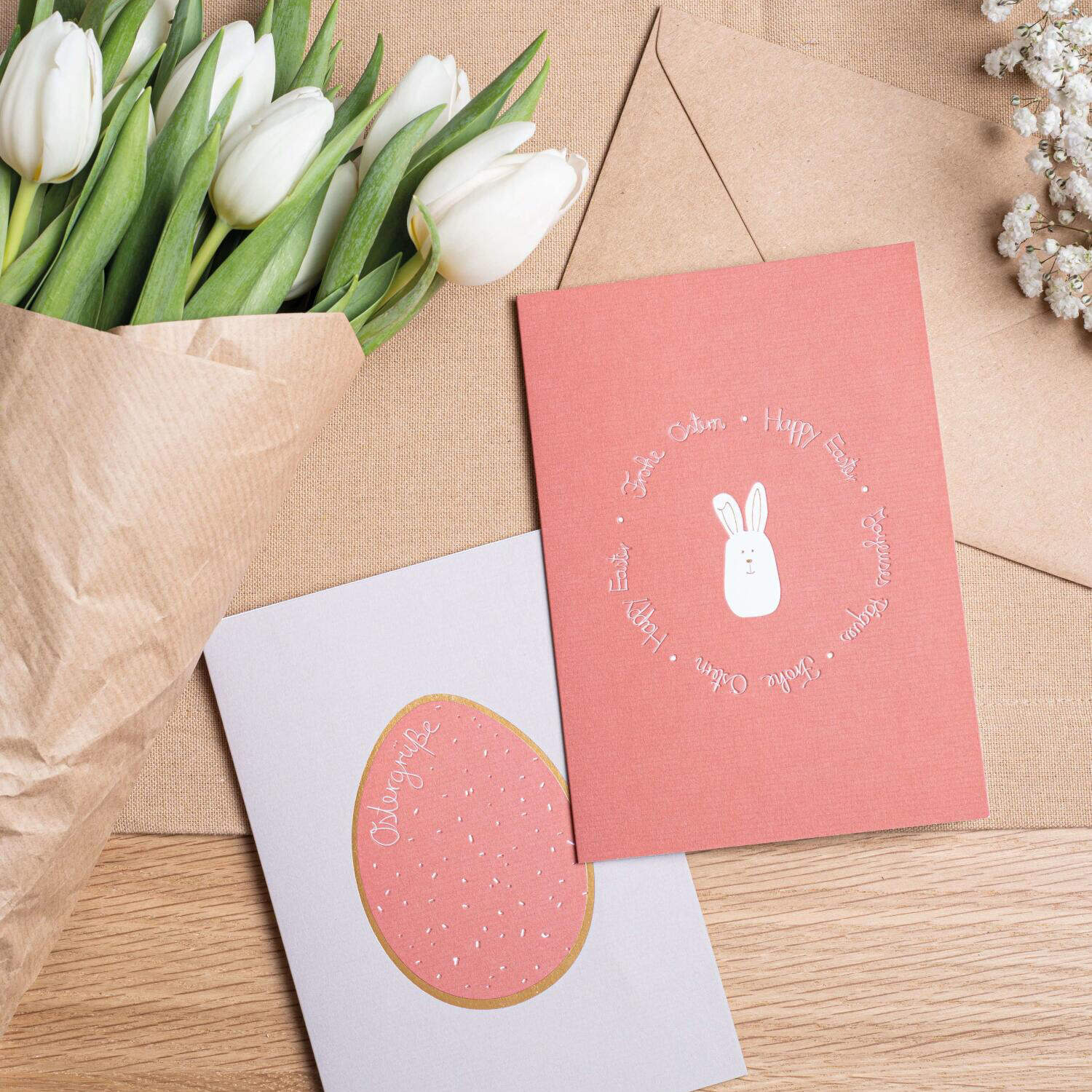 Grußkarte "OSTERN - Frohe Ostern mehrsprachig" (Rosa)