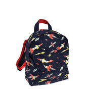 Kinderrucksack mit Weltraum-Motiven, dunkelblau und rote Träger, Frontansicht
