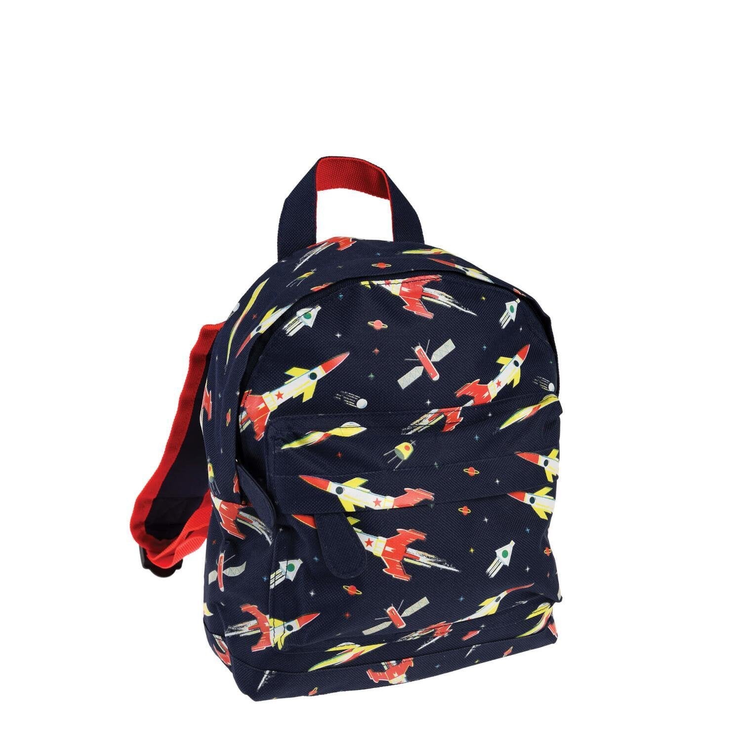 Kinderrucksack mit Weltraum-Motiven, dunkelblau und rote Träger, Frontansicht