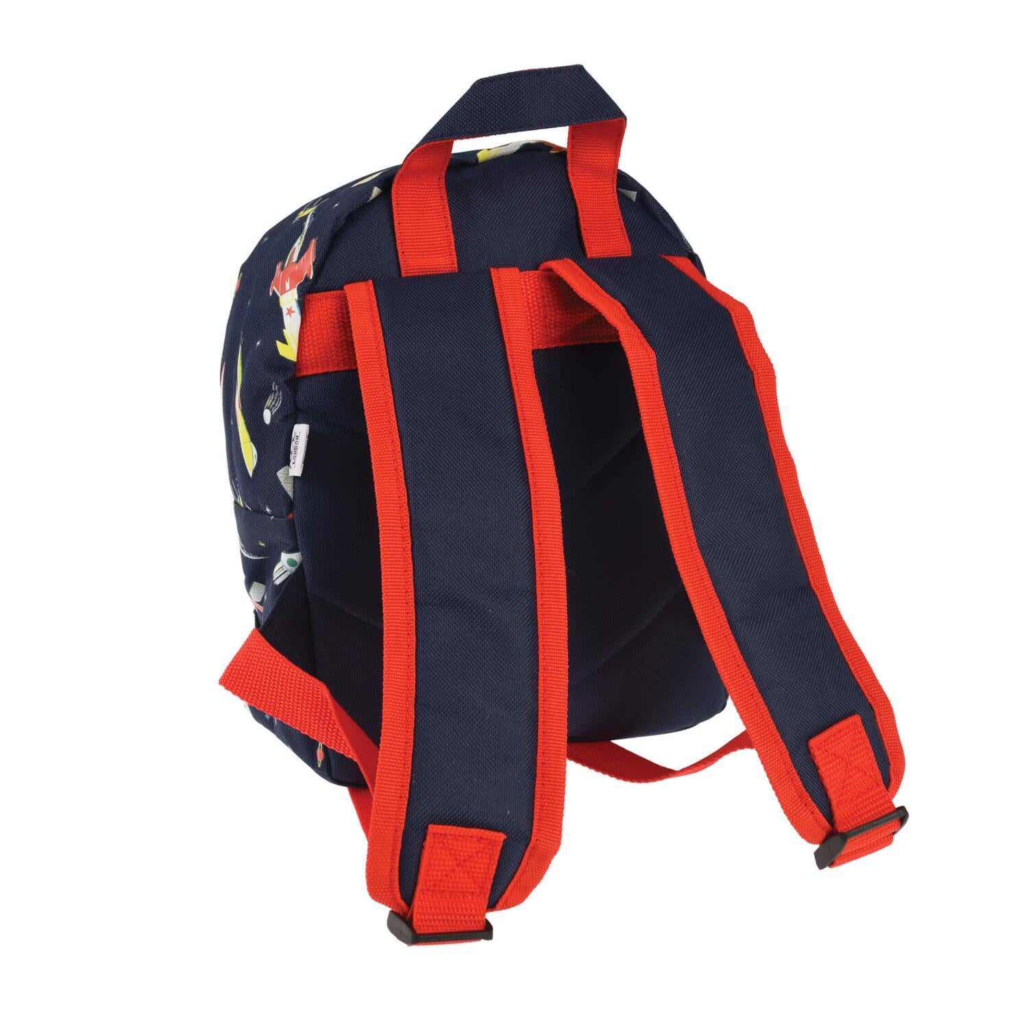 Kinderrucksack mit Weltraumdruck, dunkelblau, rote Schultergurte und Verschluss, Rückansicht