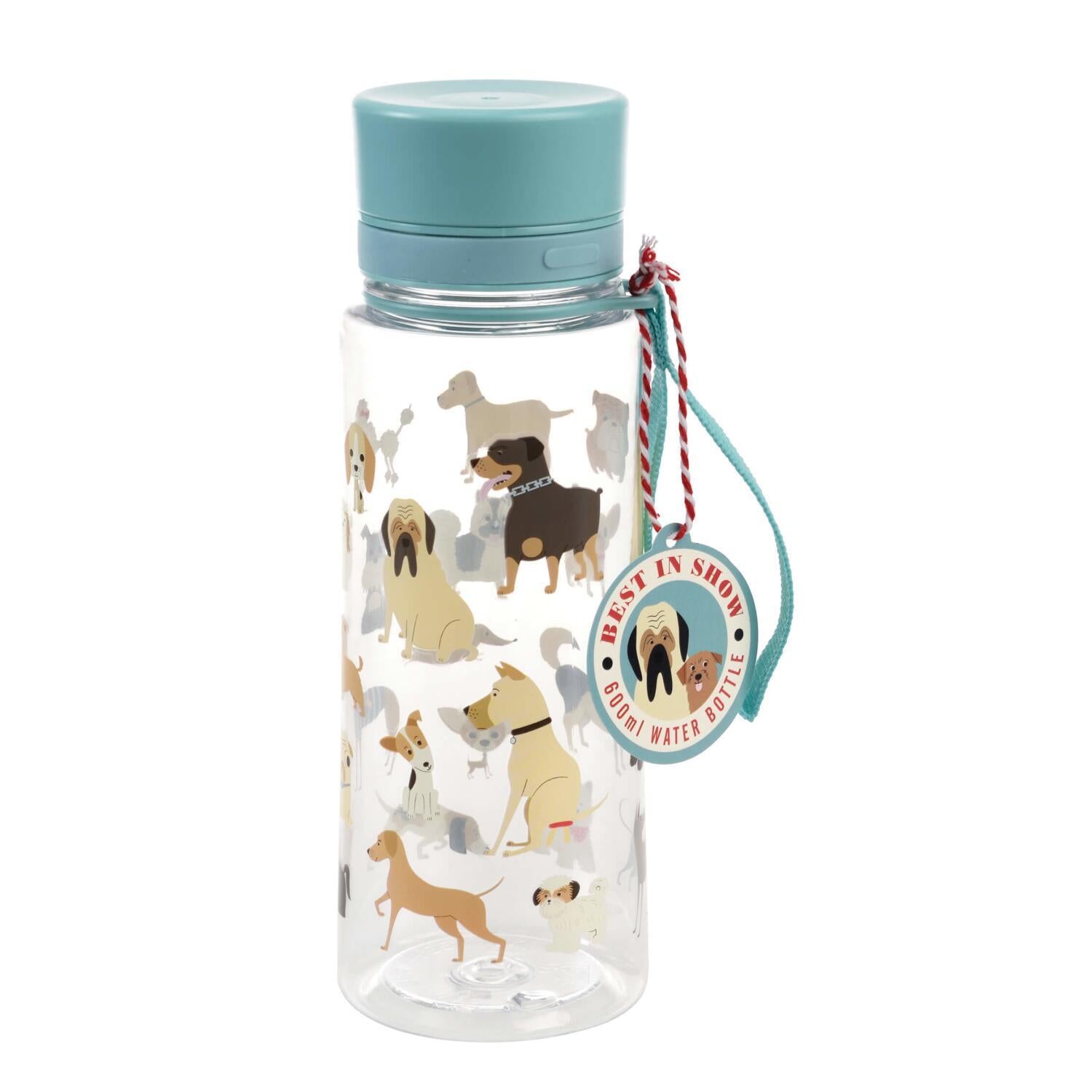 Kinder-Trinkflasche mit Hundenaufdruck, mintfarbenem Deckel und Trageschlaufe.