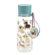Kinder-Trinkflasche mit Hundenaufdruck, mintfarbenem Deckel und Trageschlaufe.