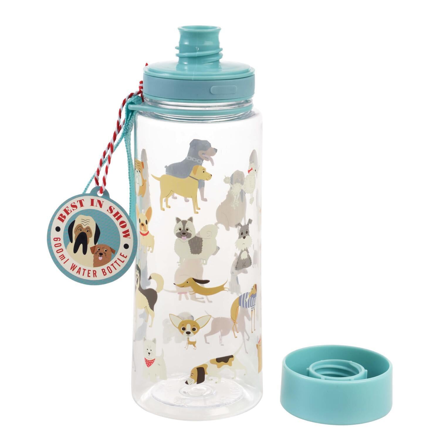 Kinder-Trinkflasche mit Hundenaufdruck, mintfarbenem Deckel und abnehmbarem Becheraufsatz.