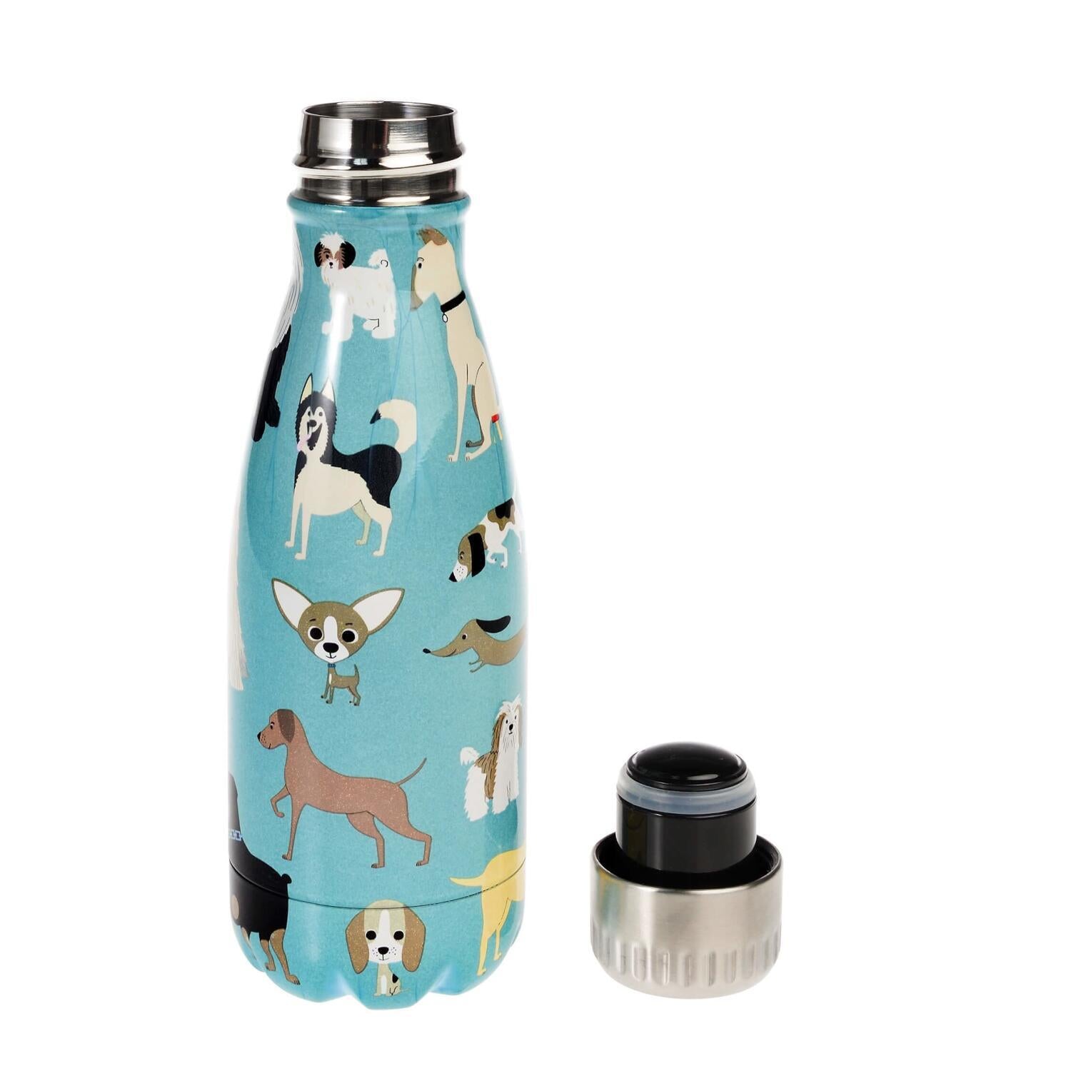 Kindertrinkflasche aus Edelstahl, blau mit Hunde-Illustrationen; silberner Deckel, schwarzer Rand