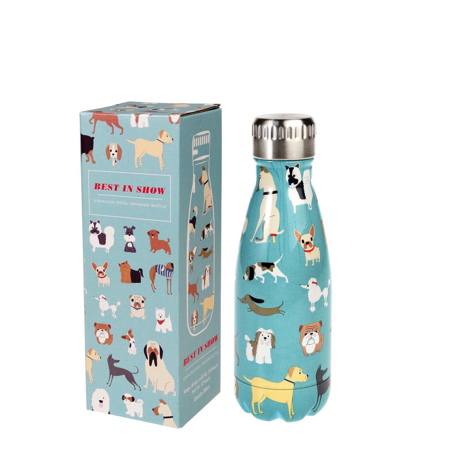 Kindertrinkflasche aus Edelstahl, blau mit Tierillustrationen und silbernem Schraubverschluss