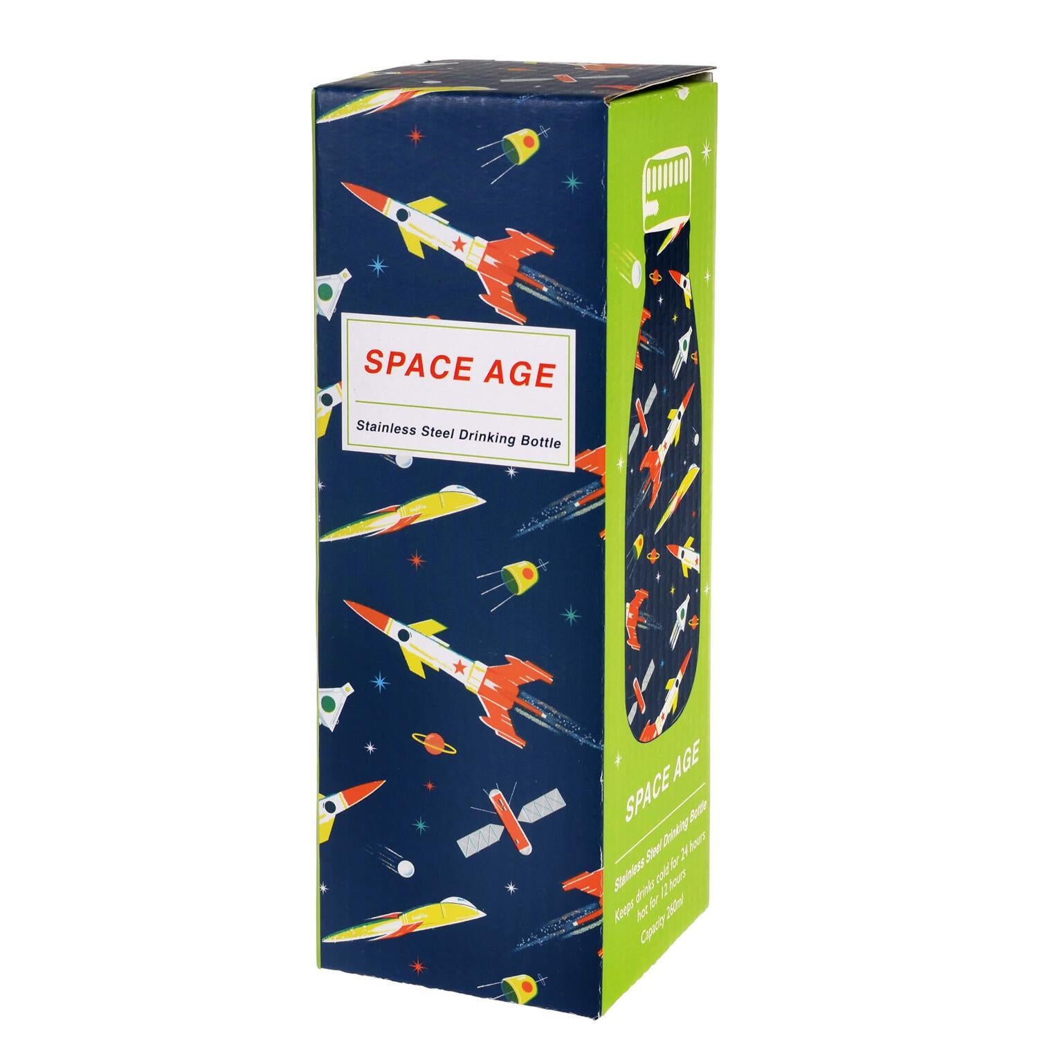 Verpackungskarton für Edelstahl-Trinkflasche mit Space-Age-Motiv