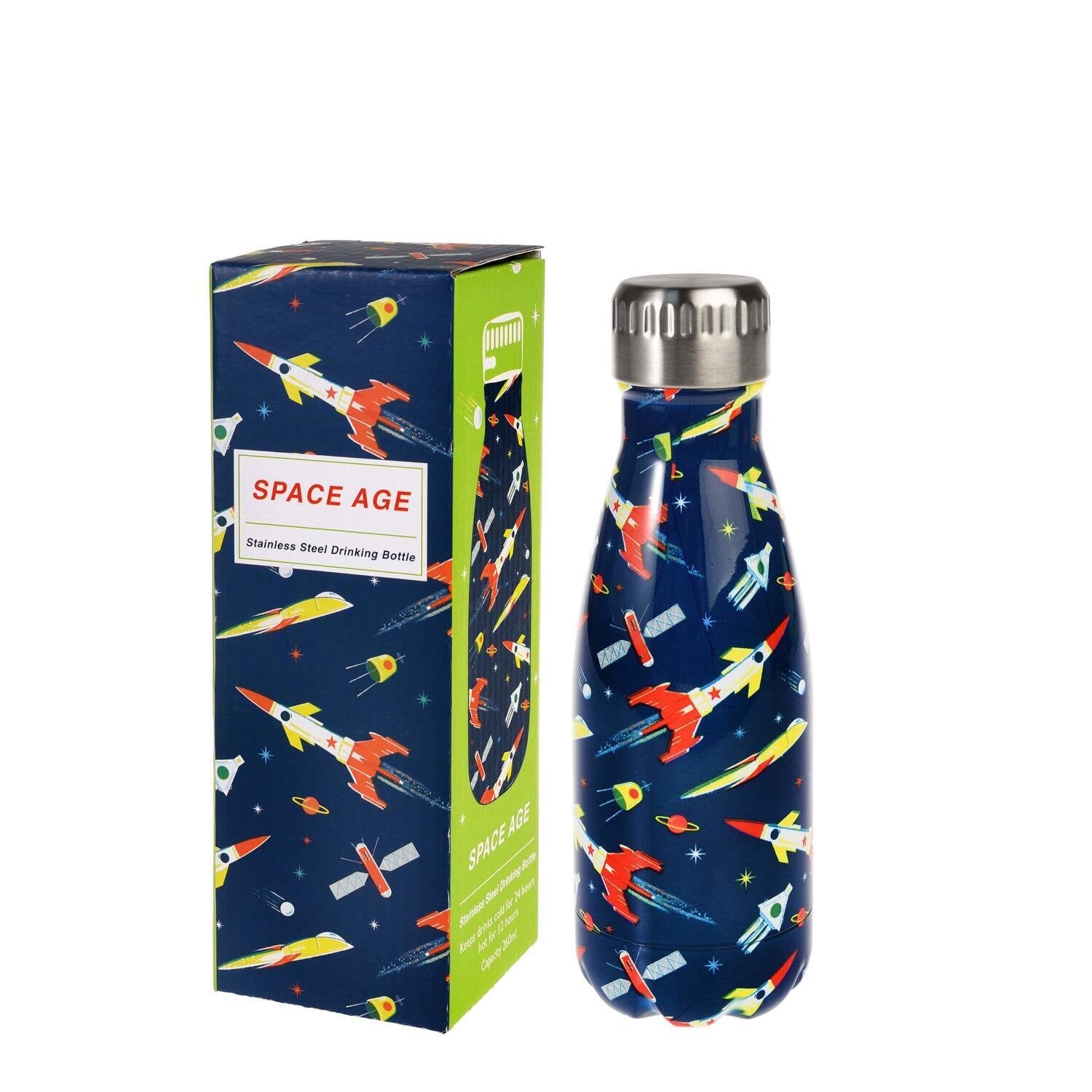 Kinder-Edelstahl-Trinkflasche mit Schraubdeckel, Space-Motiv bunt, neben Karton