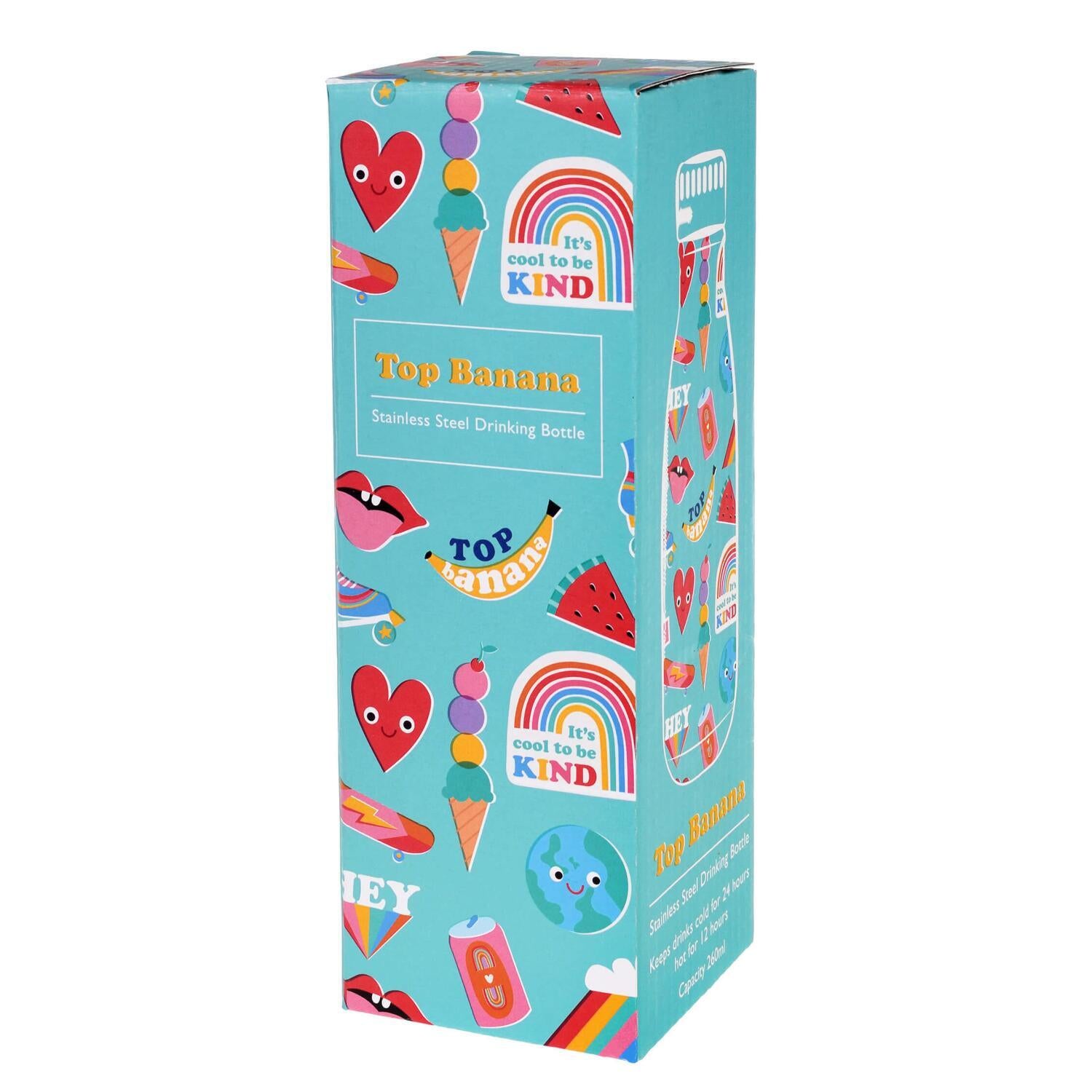 Verpackung für Kinder-Edelstahl-Trinkflasche mit buntem Tier- und Eisdesign