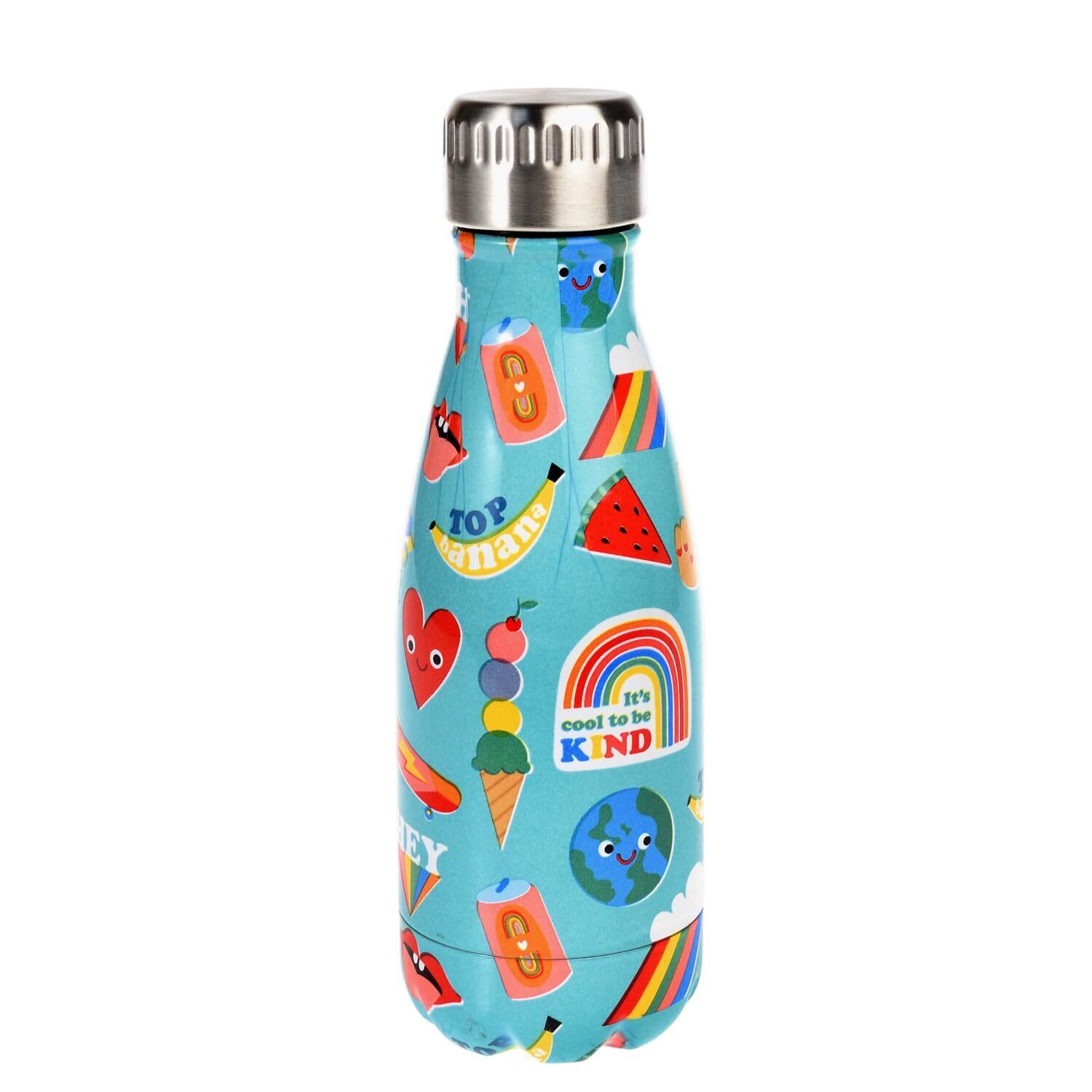 Kinder-Edelstahl-Trinkflasche mit buntem Motiv aus Tieren, Eis und Regnbögen, silberner Kappe