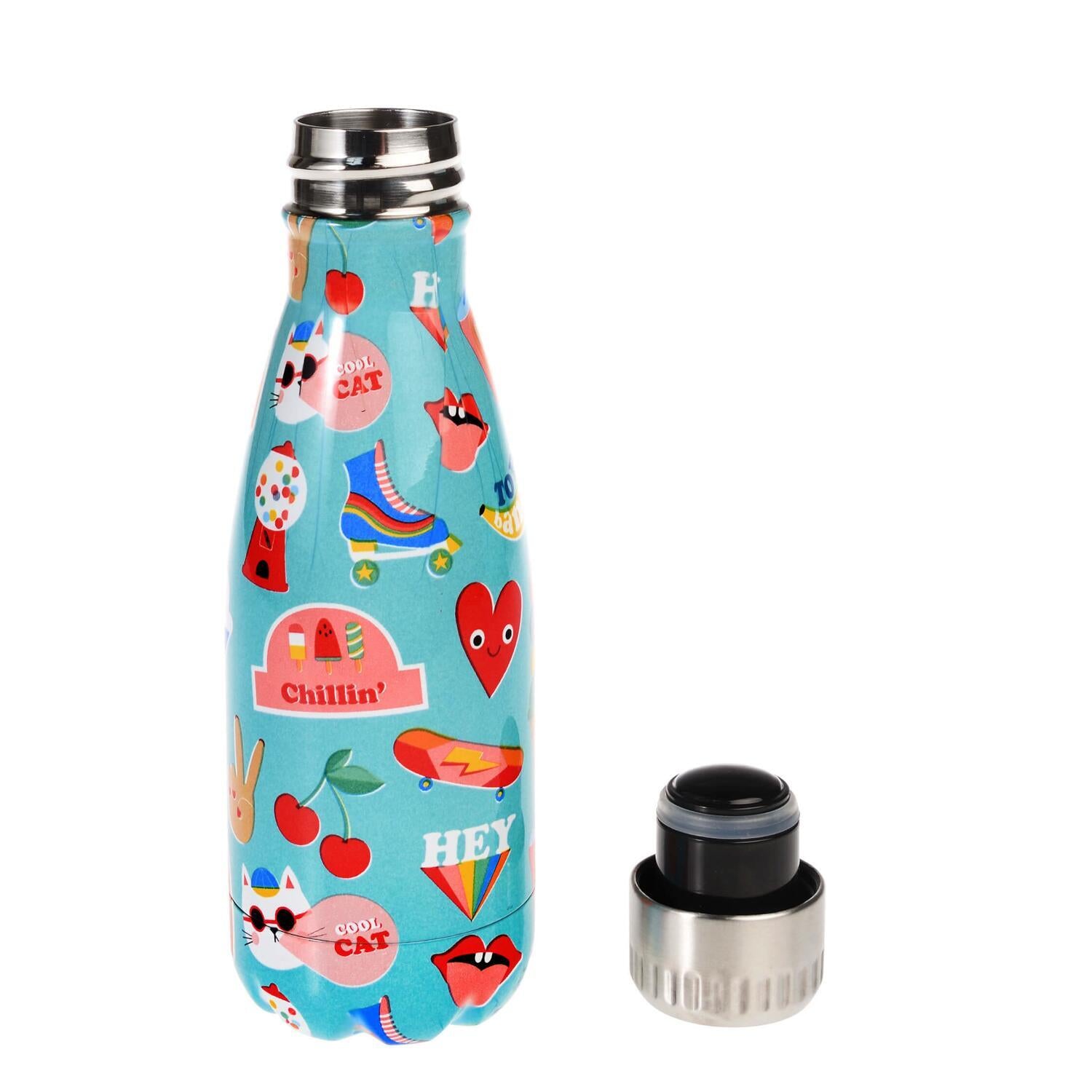 Kinder-Edelstahl-Trinkflasche mit buntem Tiermotiv und Schraubdeckel, plus separates Deckelteil