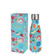 Kinder-Edelstahl-Trinkflasche, buntes Motiv mit Tieren, Eis und Regnbögen; mit Verschluss
