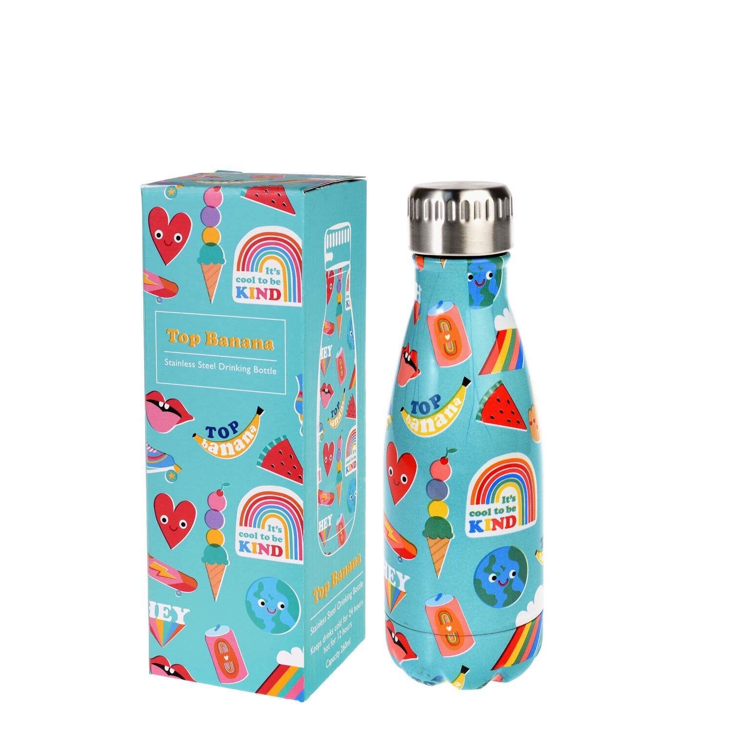 Kinder-Edelstahl-Trinkflasche, buntes Motiv mit Tieren, Eis und Regnbögen; mit Verschluss