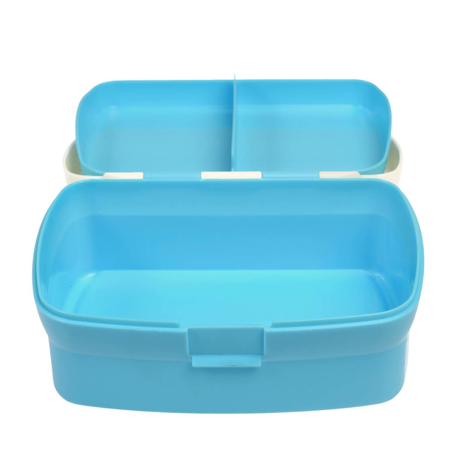 Blaue Lunchbox geöffnet, rechteckiges Innenfach mit Trenneinsatz
