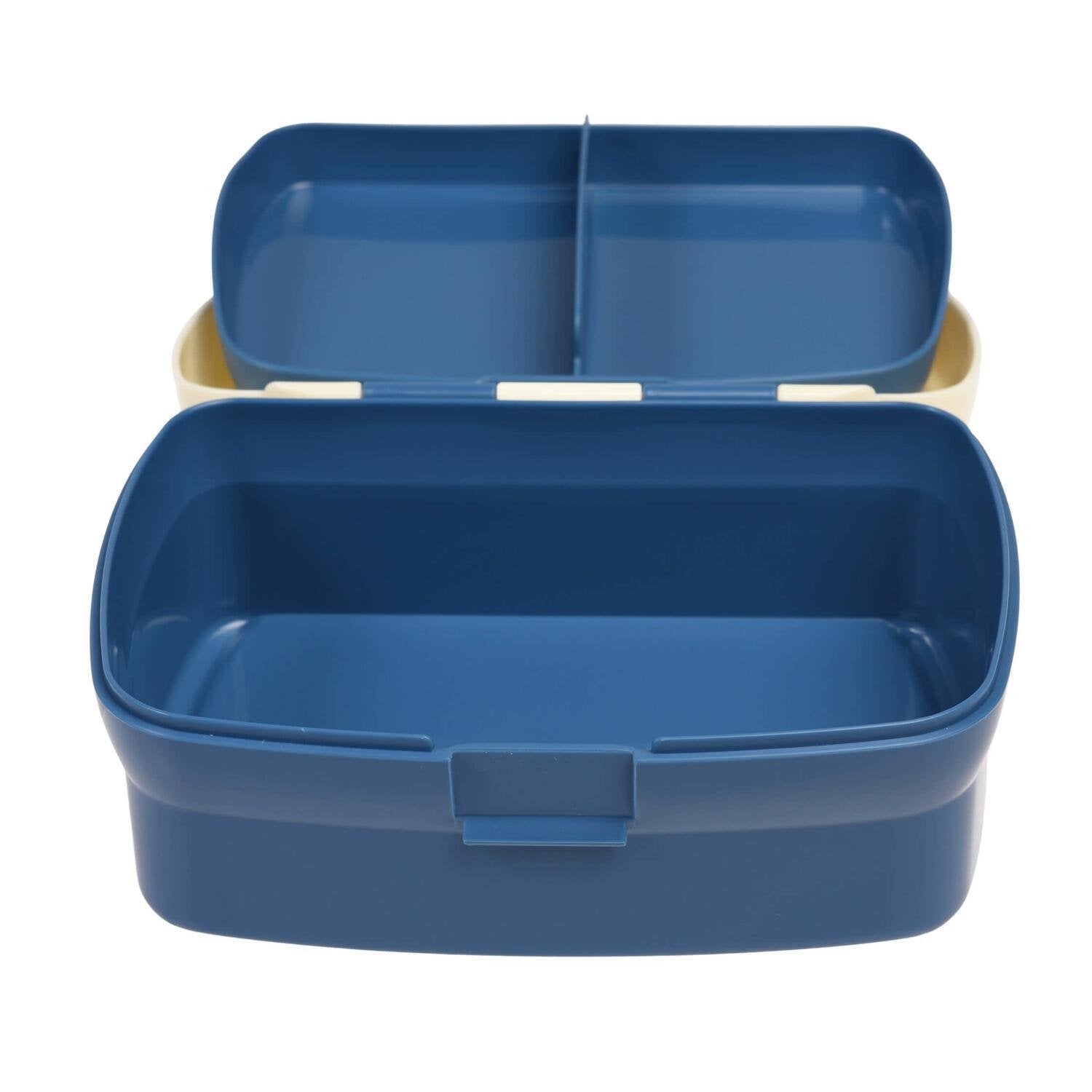 Lunchbox: dunkelblauer Innenraum mit Trenneinsatz, Deckel offen
