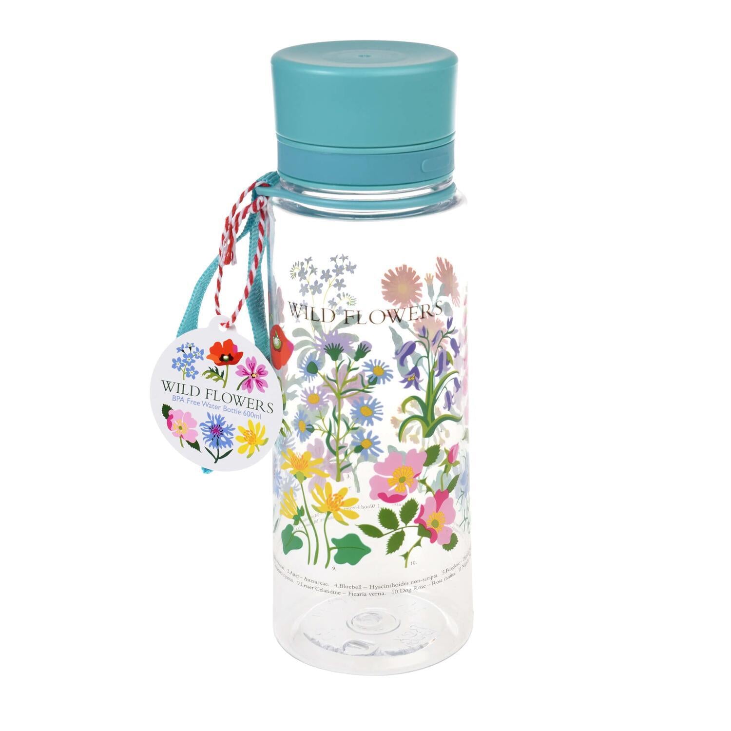 Kinder-Trinkflasche mit Wildblumen-Motiv, türkisfarbener Deckel, Trageschlaufe