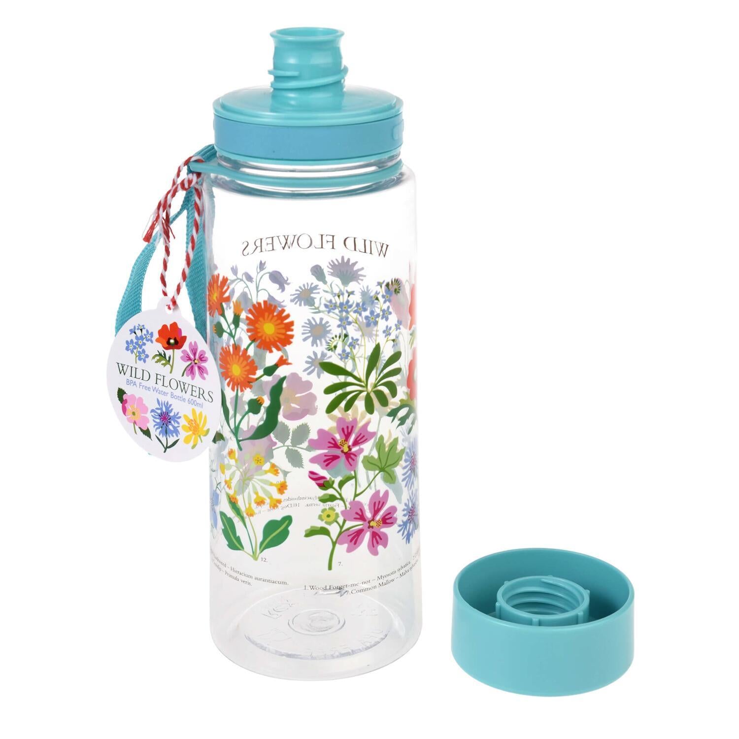 Kinder-Trinkflasche mit Wildblumen-Motiv, türkisfarbene Deckelteile, unten offen