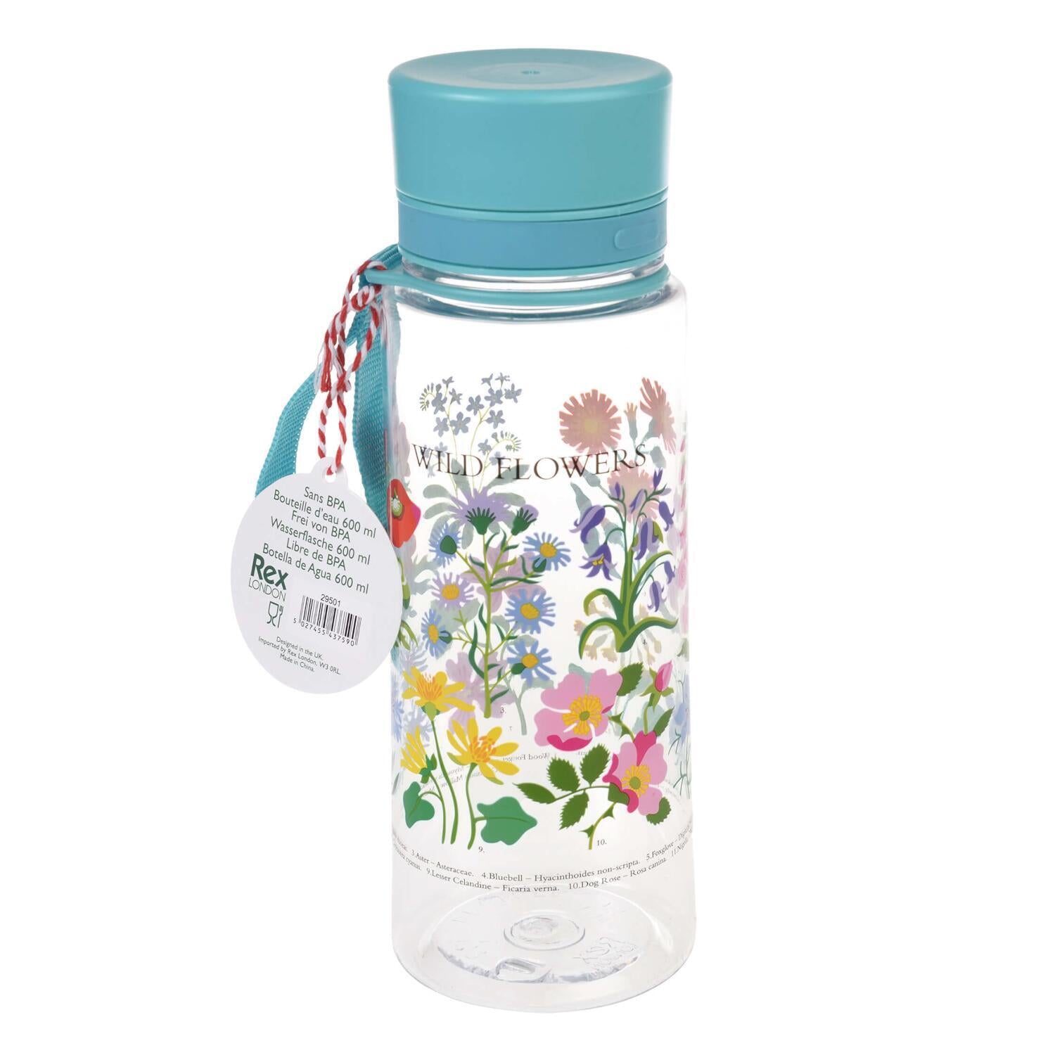 Kinder-Trinkflasche mit Wildblumen-Motiv, türkisfarbener Deckel, Etikett seitlich