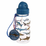 Kinder-Trinkflasche mit Trinkhalm, blauem Deckel, Hai-Motiv, 500 ml