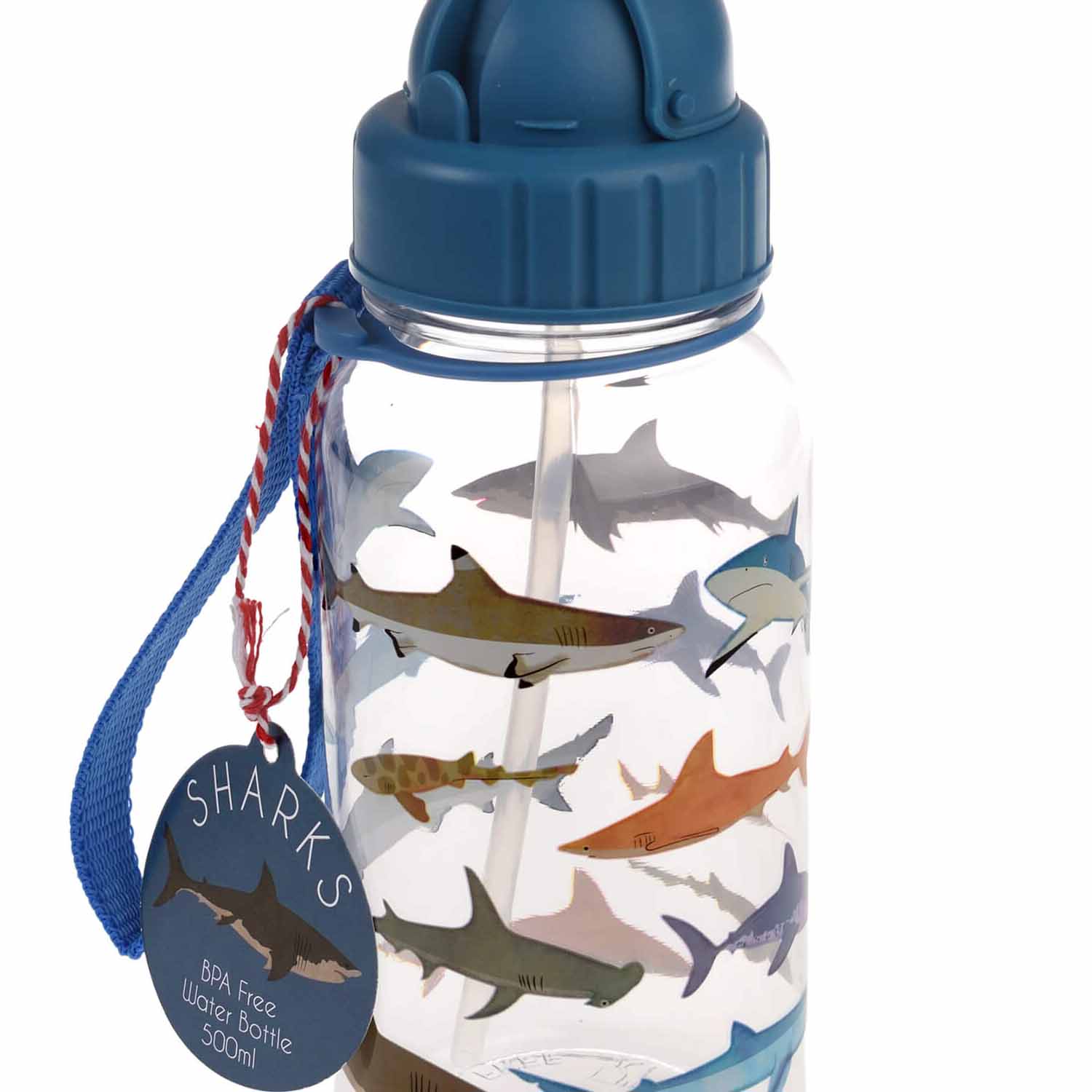 Kinder-Trinkflasche mit Trinkhalm, blaue Kappe, Hai-Motiv