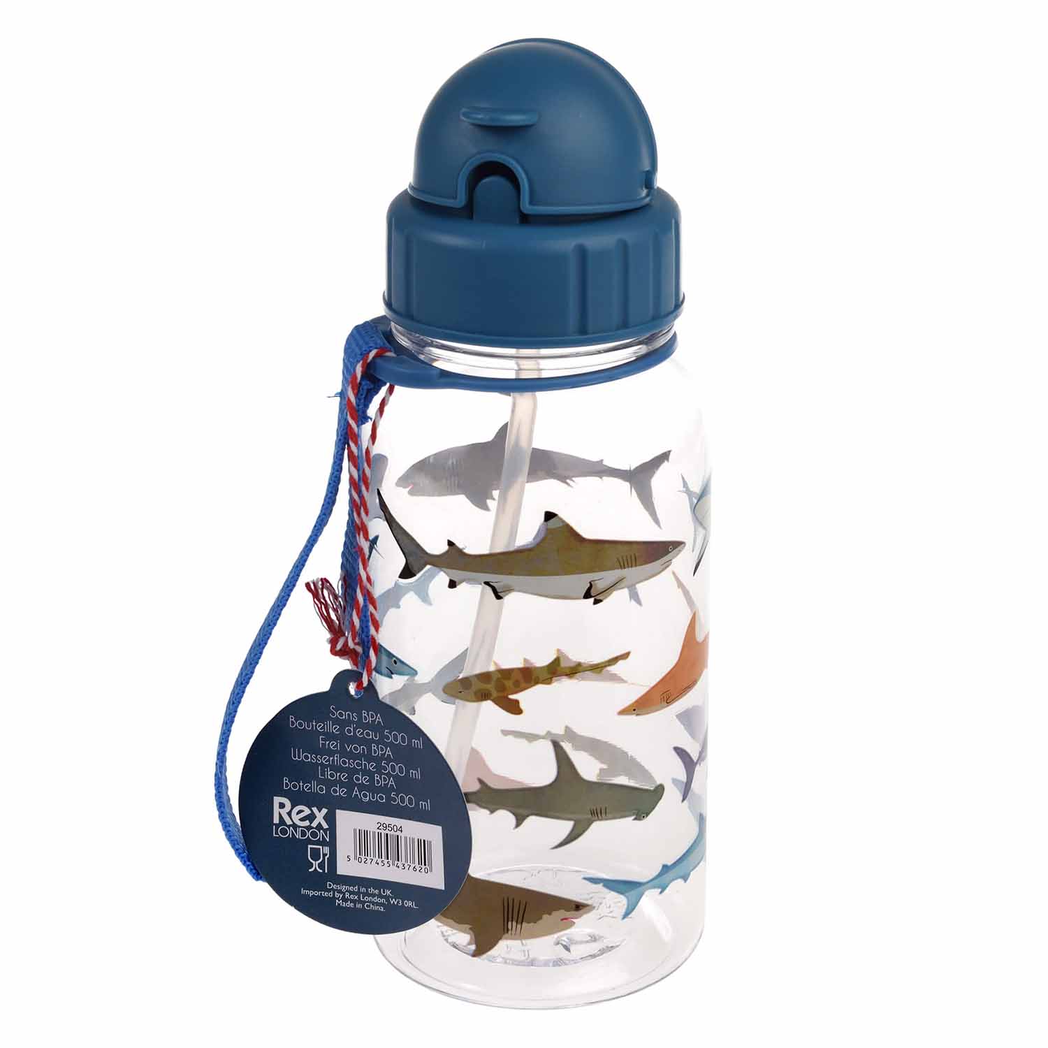 Kinder-Trinkflasche mit Trinkhalm, blauem Verschluss, Hai-Aufdruck, 500 ml