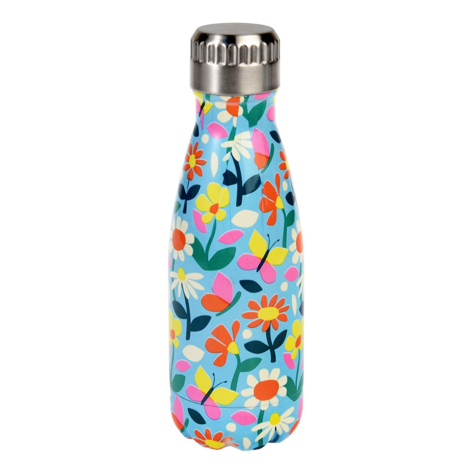 Edelstahl-Kindertrinkflasche, buntes Blumenmuster im Schmetterlings-Garten Stil, silberner Deckel