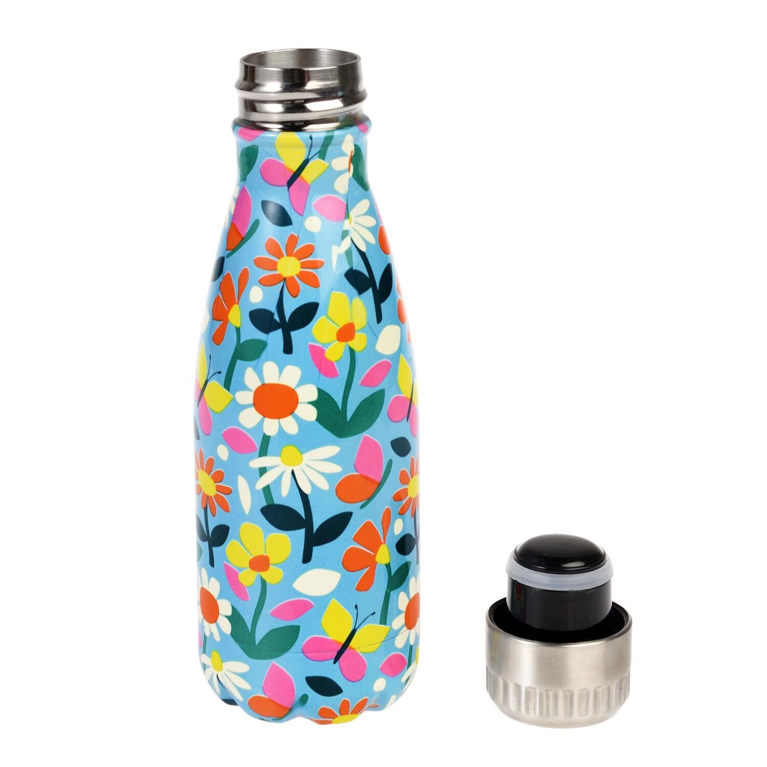 Edelstahl-Kindertrinkflasche, buntes Blumenmuster, mit schwarzem Einsatzdeckel