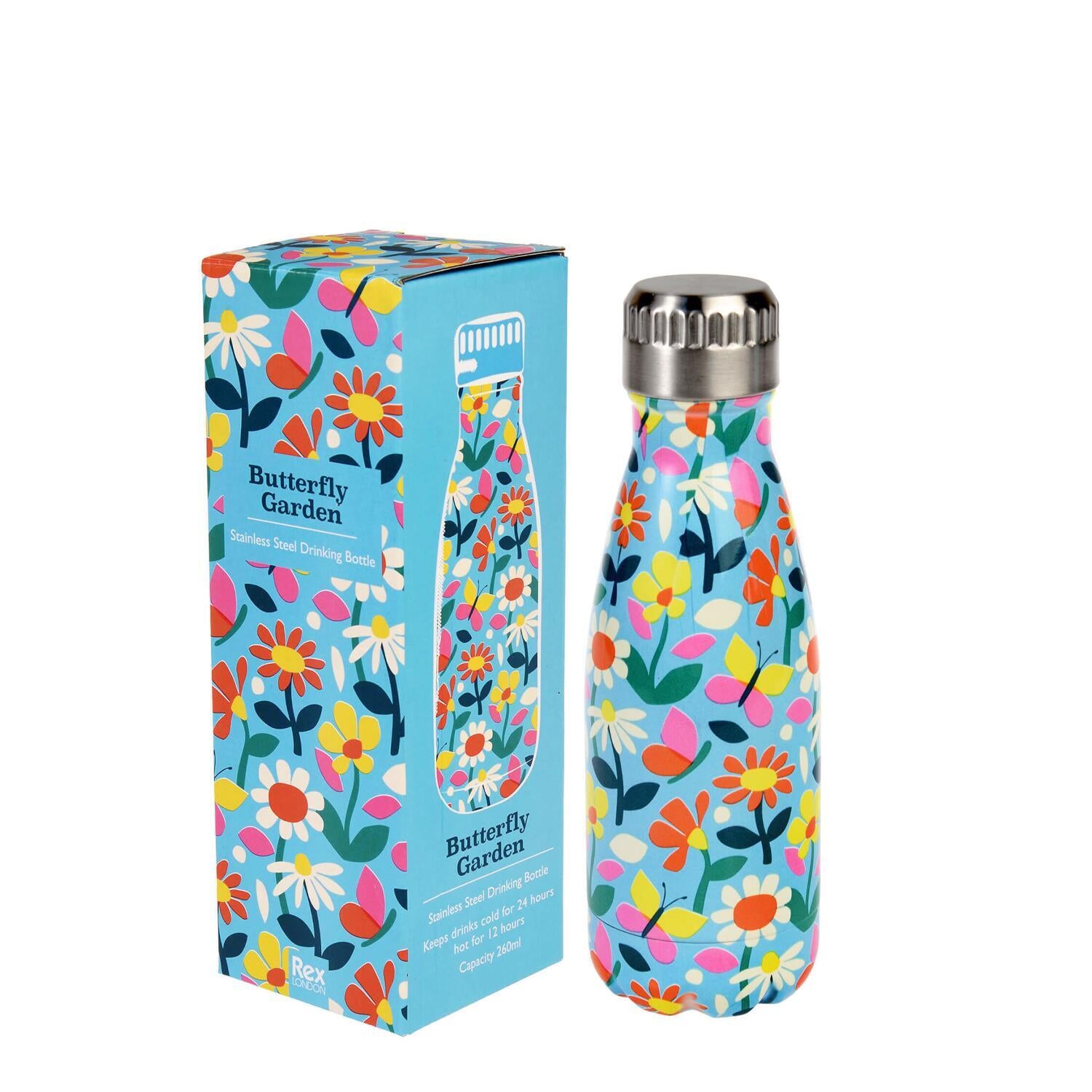 Edelstahl-Kindertrinkflasche, buntes Blumen-Schmetterlingsmuster, mit silbernem Deckel