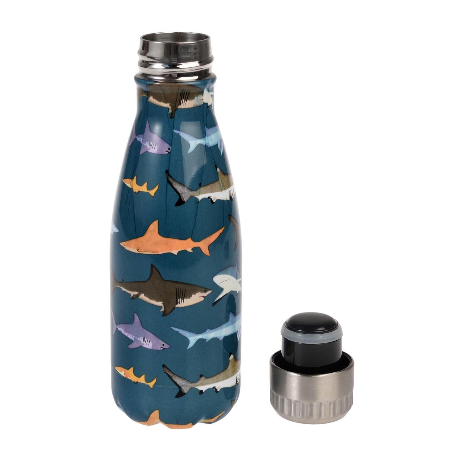 Kinder-Edelstahl-Trinkflasche mit Haifischmuster, silberner Kappe und losem Deckel