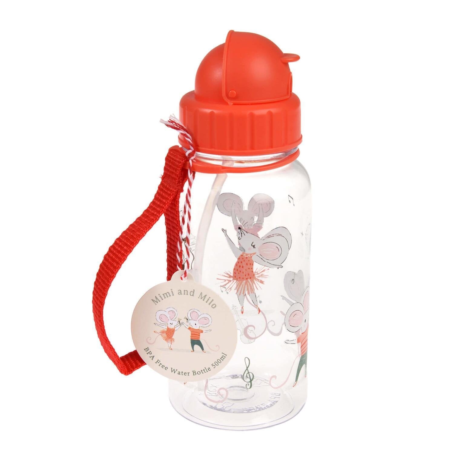 Kinder-Trinkflasche mit Trinkhalm, transparent, orange Deckel, Motiv „Mimi and Milo“