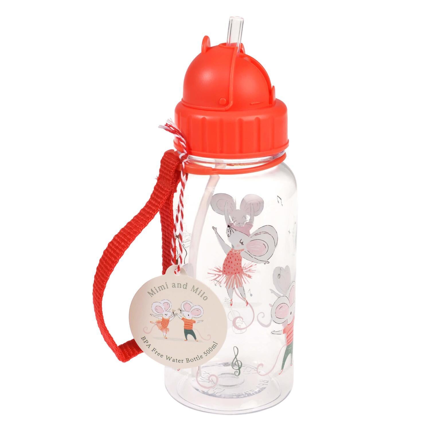 Kinder-Trinkflasche mit Trinkhalm, transparent, orange Deckel, rote Trageschlaufe