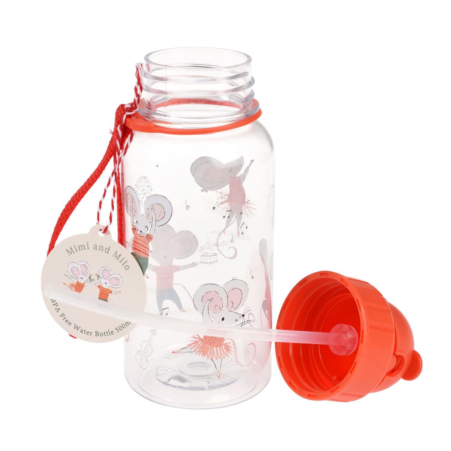 Kinder-Trinkflasche mit Trinkhalm, transparent, orange Deckel mit Trinköffnung, Motiv